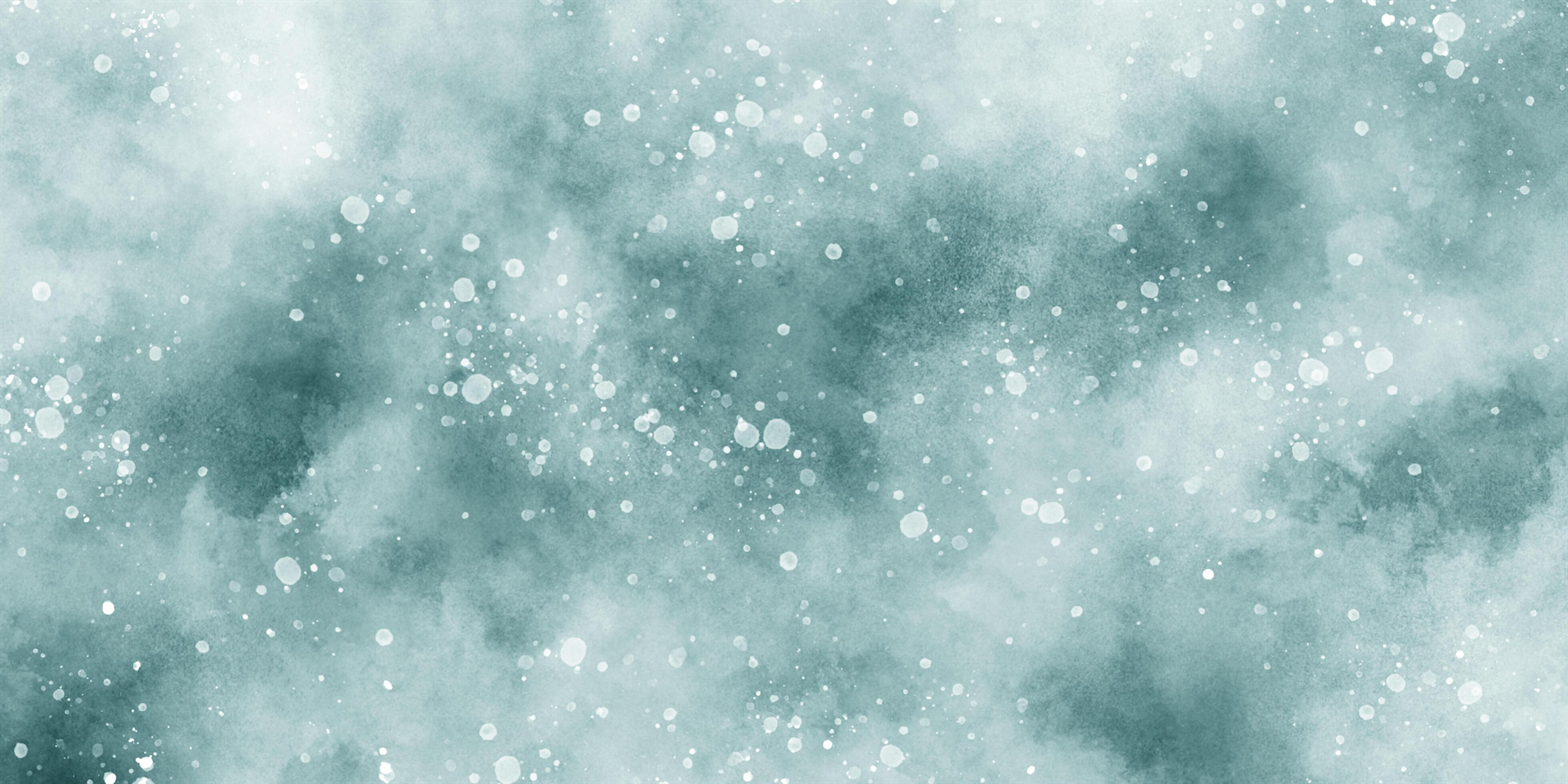 3920x1960 Beautiful winter background of snow floating into air randomly, light blue bokeh background for wallpaper, abstract sky blue cloudy watercolor background with bubbles and watercolor stains