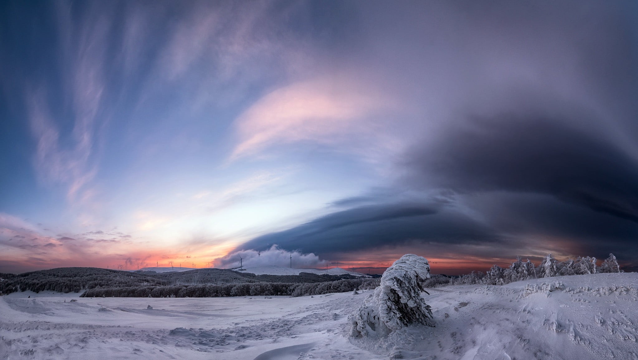 2047x1155 White snow, winter, clouds, snow, nature HD wallpaper