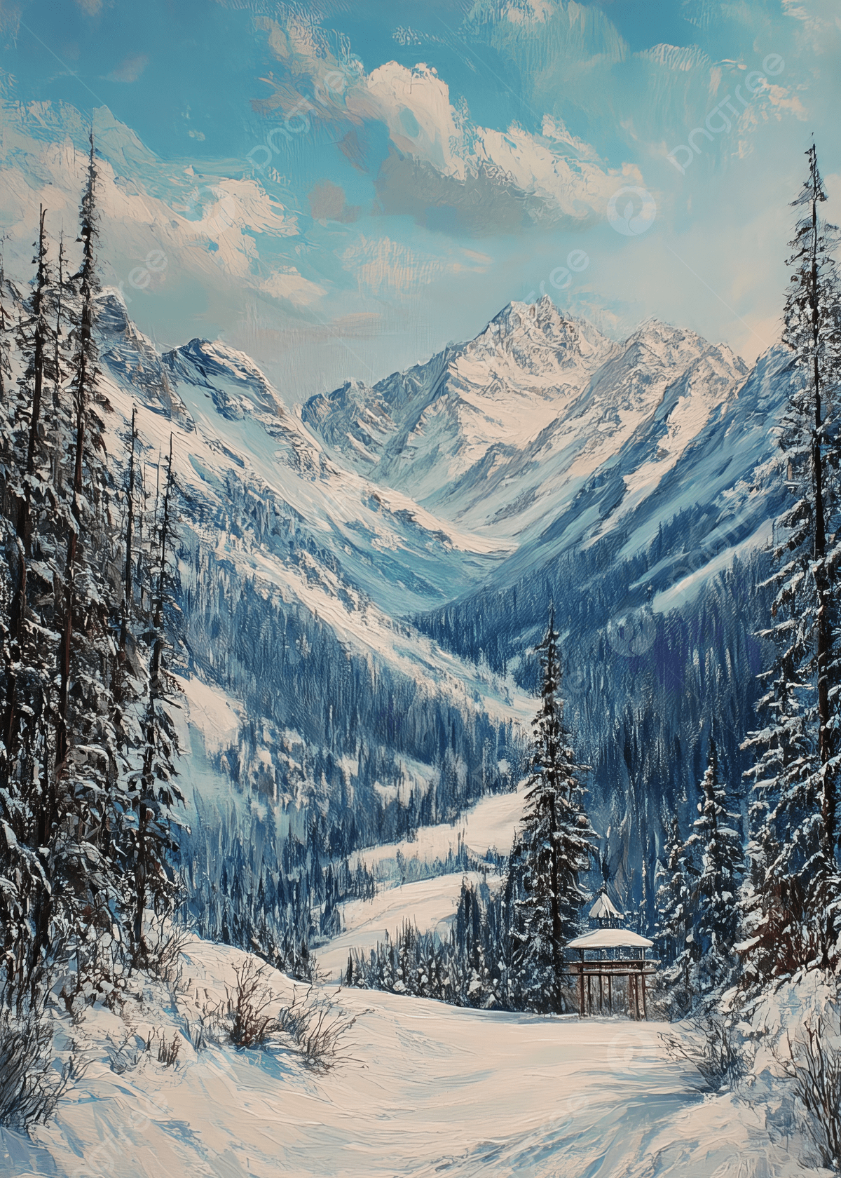 1200x1680 Majestic Winter Mountain Scene With Snow Covered Trees And A Gazebo Under Cloudy Sky Background Wallpaper Image For Free Download