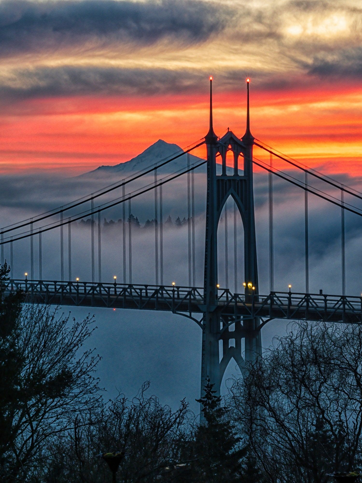 1500x2000 St. Johns Bridge sunrise with Mt. Hood