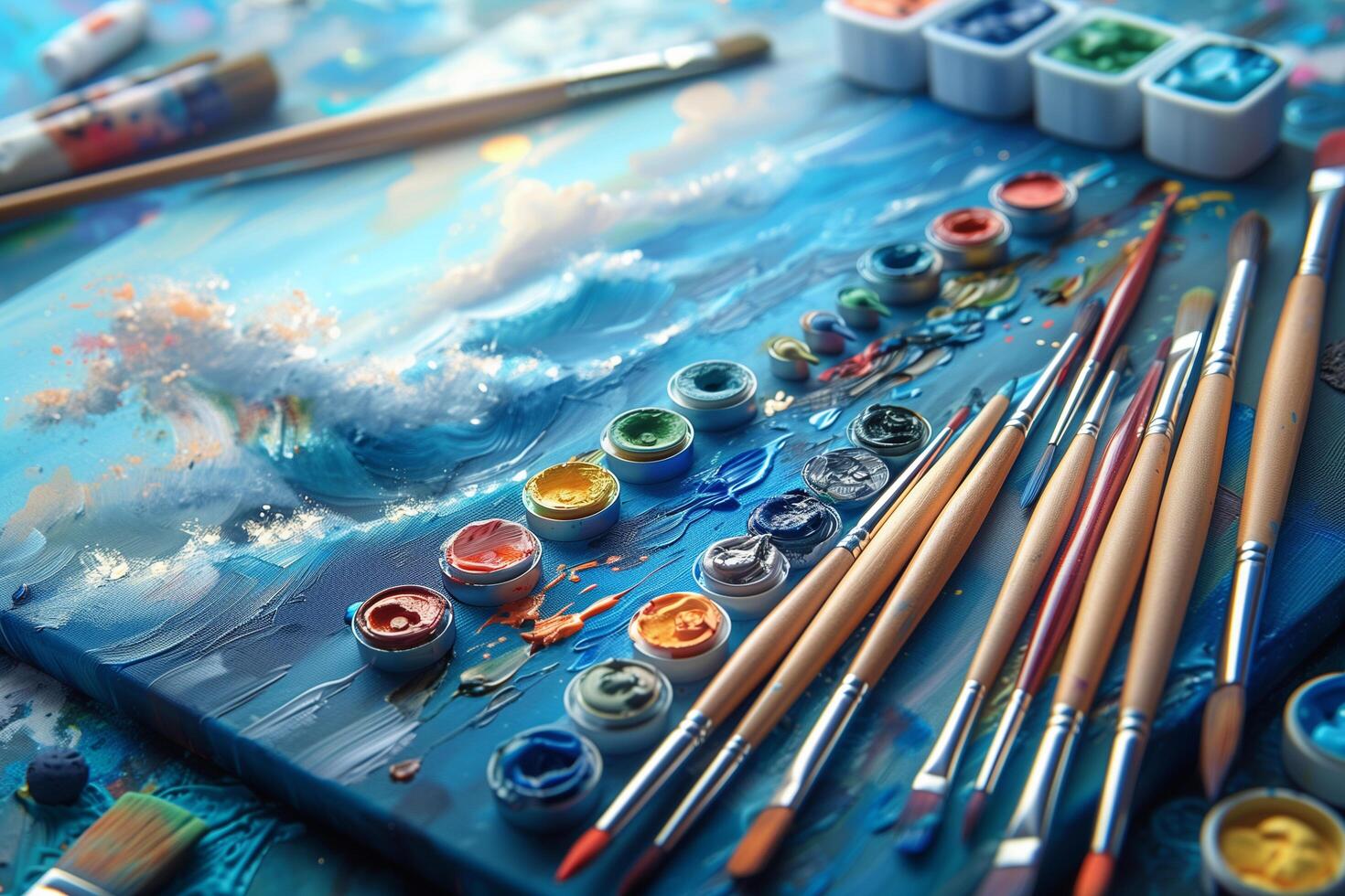 1470x980 Detailed view of open paint tubes and various brushes arranged on a table