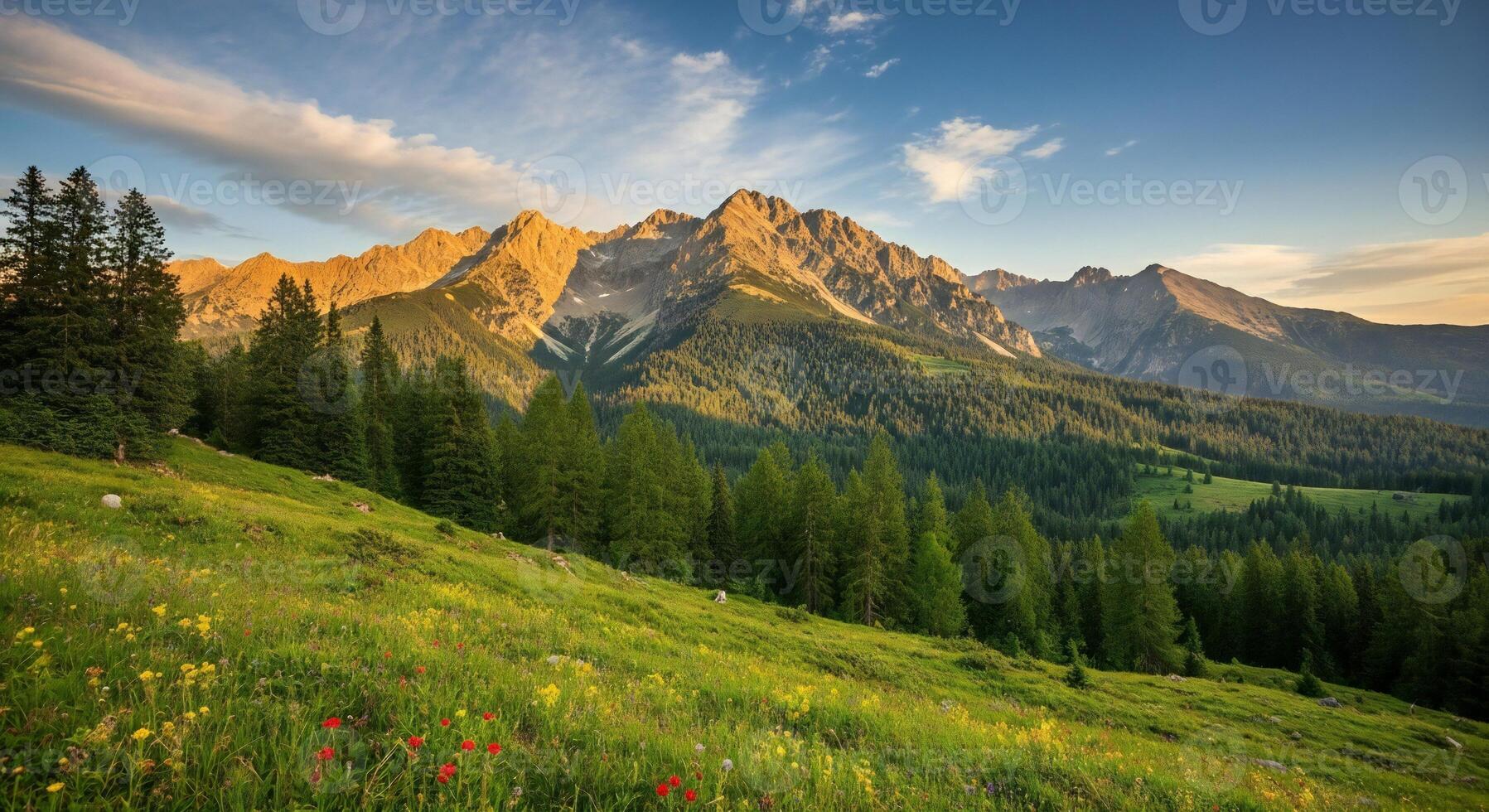 1797x980 Nature background, Nature wallpaper, Sunlit grassy mountain slope with wildflowers and coniferous forest beneath jagged peaks under a blue sky