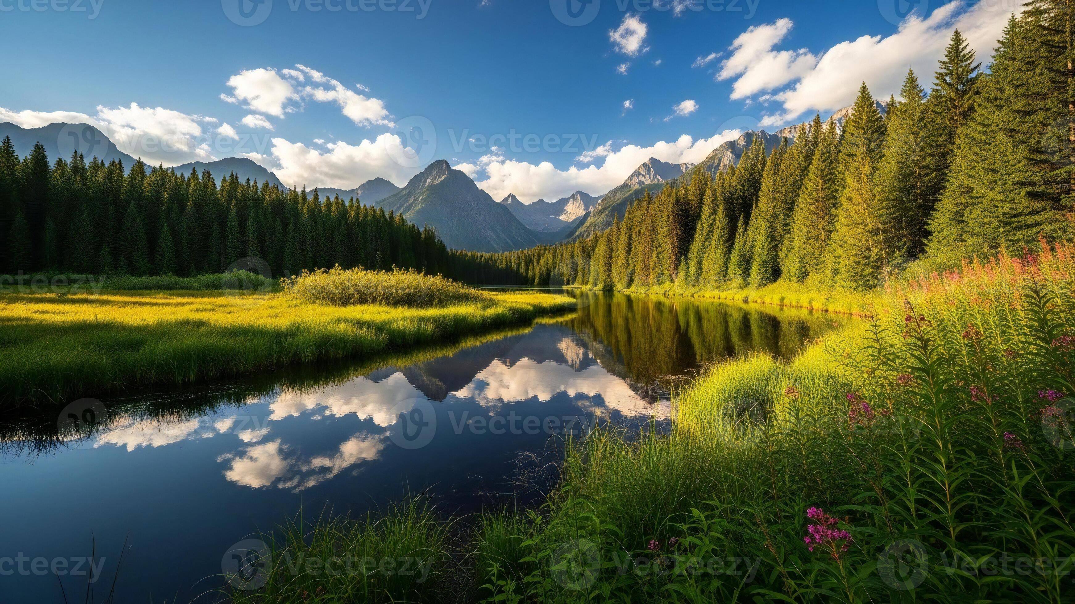 3484x1960 Nature background, Nature wallpaper, Serene mountain landscape with a reflective river winding through a lush green valley and pine forest