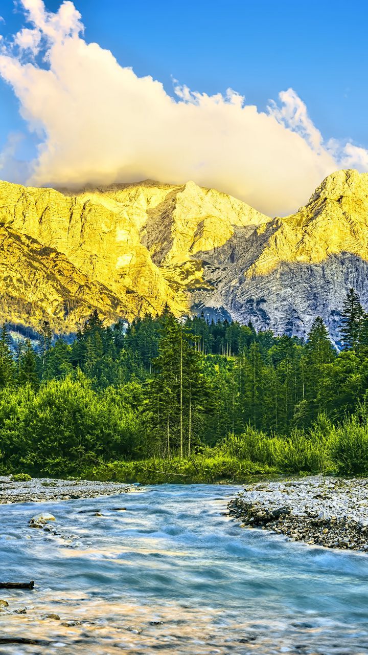 720x1280 free 4K wallpaper mountains, forest, river, nature, clouds