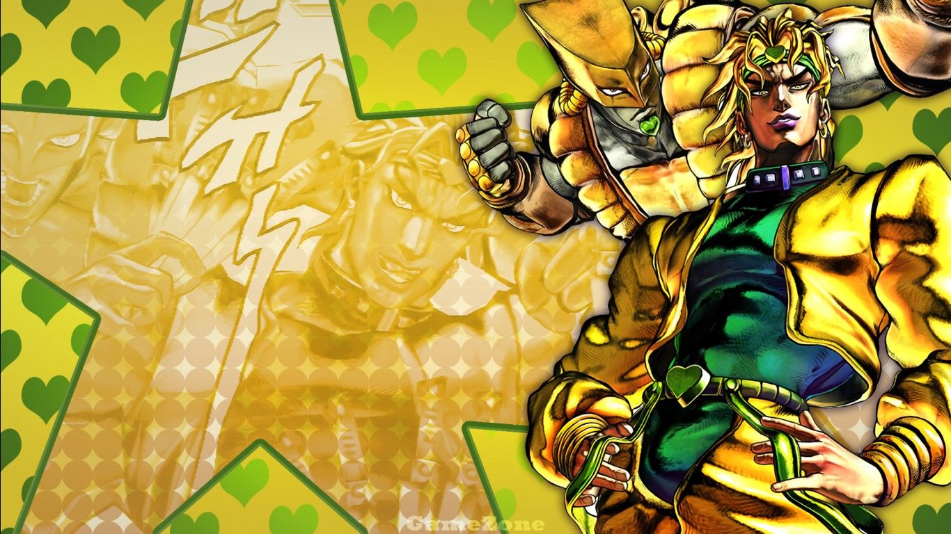 1366x768 Jojo Dio Brando With A Mask Wearing Man On Back With Back Of Yellow And Grean Heart HD Anime Wallpaper