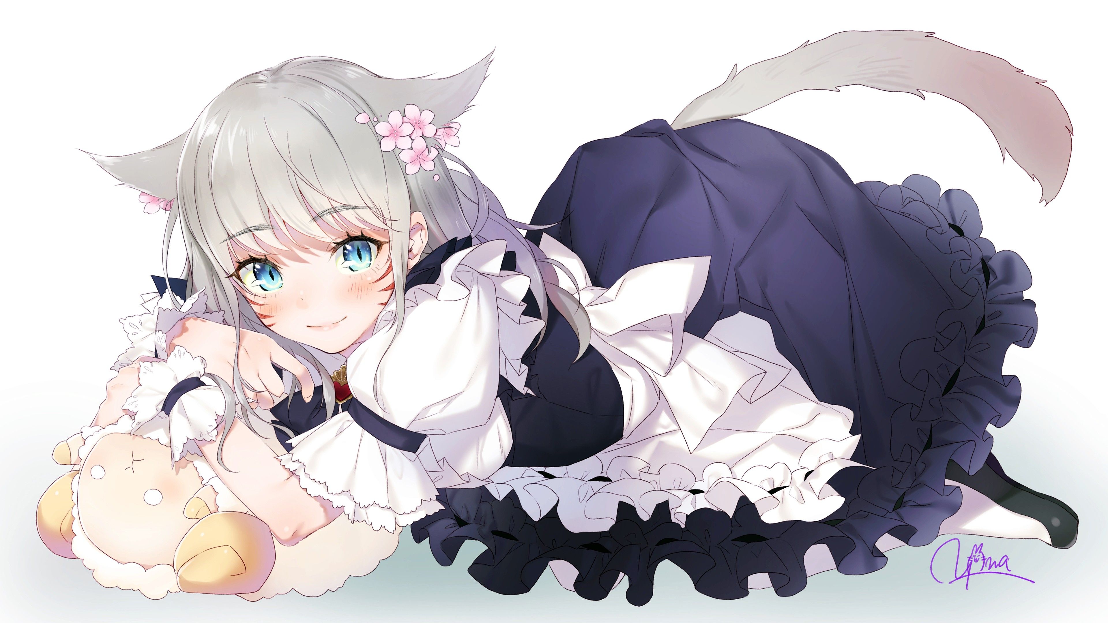 3840x2160 Final Fantasy XIV Blue Eyes Girl With Toy With White Background 4K HD Final Fantasy XIV Games Wallpaper