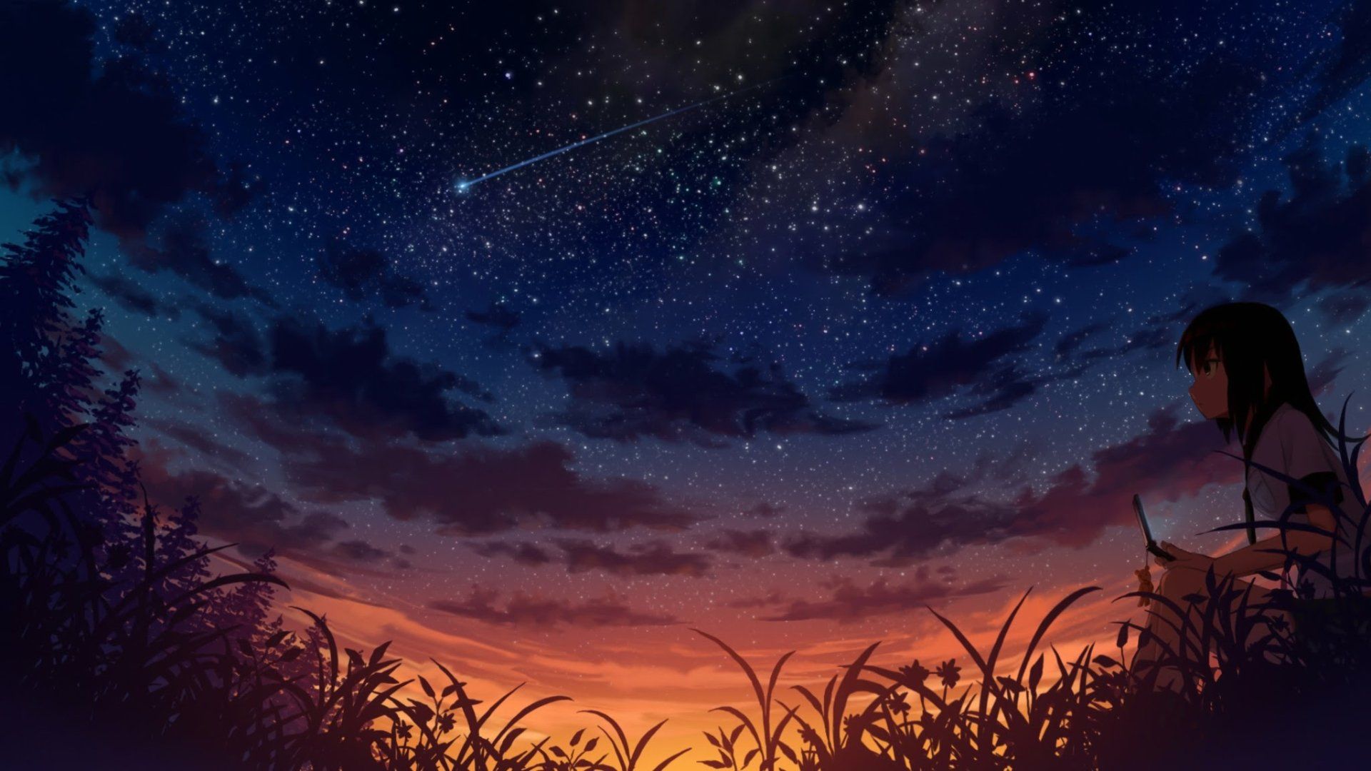 1920x1080 Evening Starfall: Anime Girl HD Wallpaper