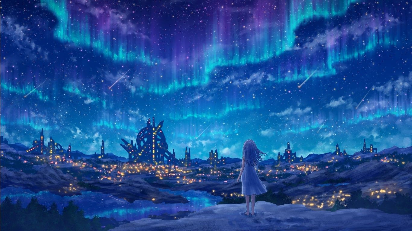 1366x768 Anime Girl Nature Background Stars Blue Sky Background HD Anime Girl Wallpaper