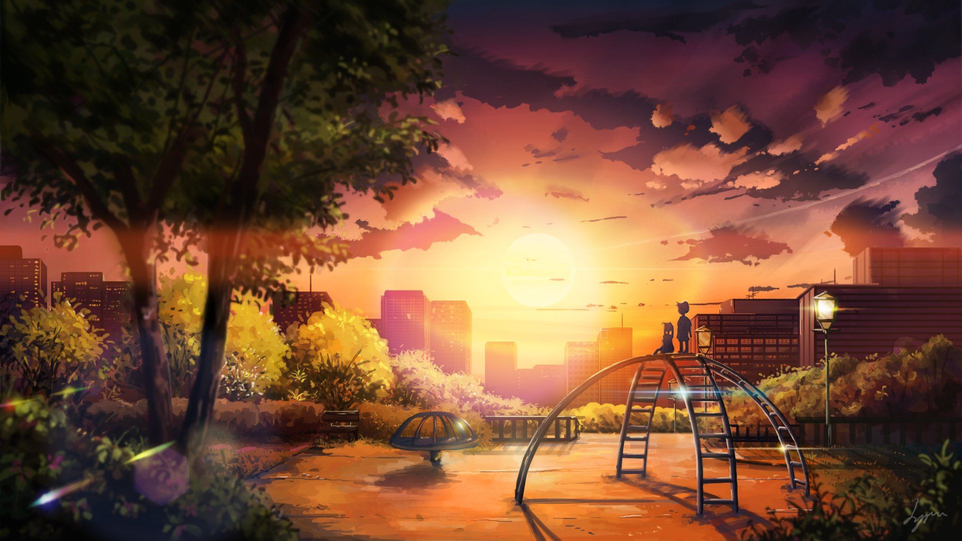 1920x1080 original, Anime, Landscape, Sunset, Sky, Cloud, Beautiful, Tree, Park, Children, City Wallpaper HD / Desktop and Mobile Background