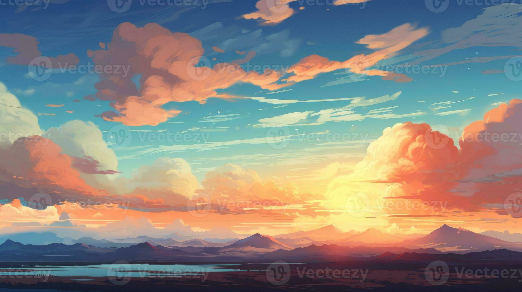 1749x980 Beautiful landscape background. Cartoon summer sunrise with clouds, mountain, lake and sunshine. Anime style