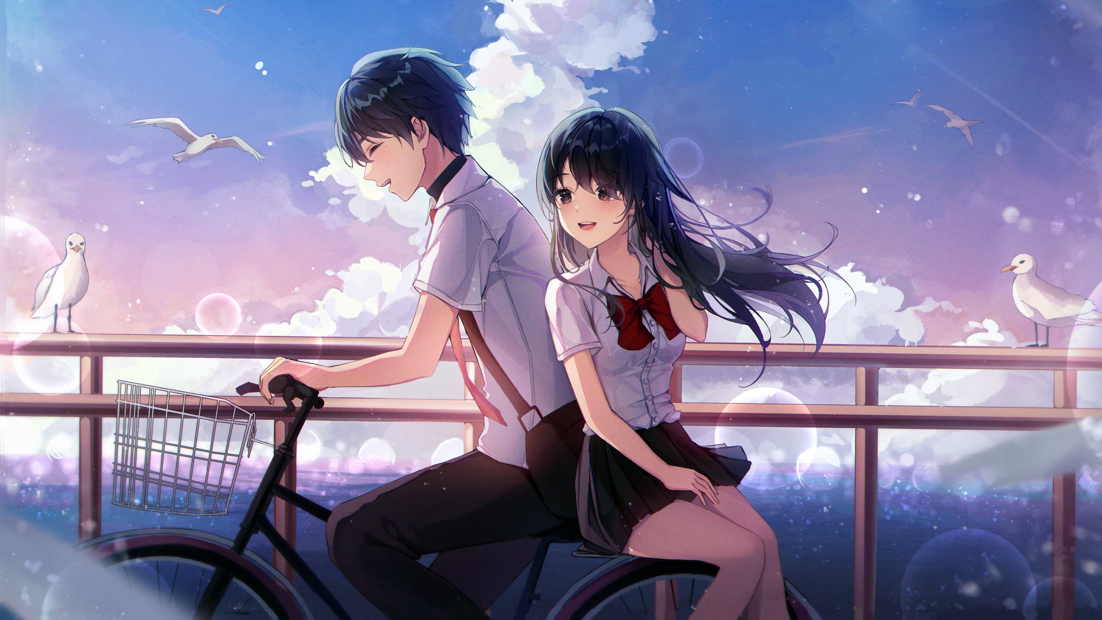3840x2160 Beautiful Anime Couple With Uniform Pigeon Birds White Clouds Blue Sky Background 4K HD Anime Couple Wallpaper