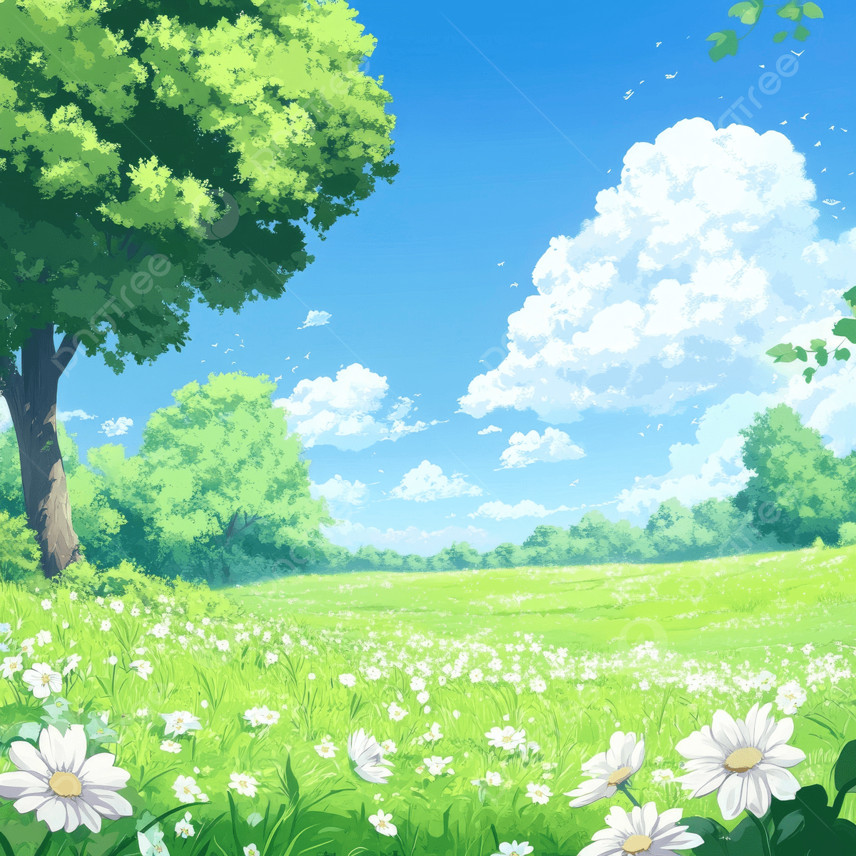 1200x1200 A Beautiful Anime Background Of An Open Field With Trees And White Flowers Blue Sky Green Grass, Field, Trees, White Background Image And Wallpaper for Free Download