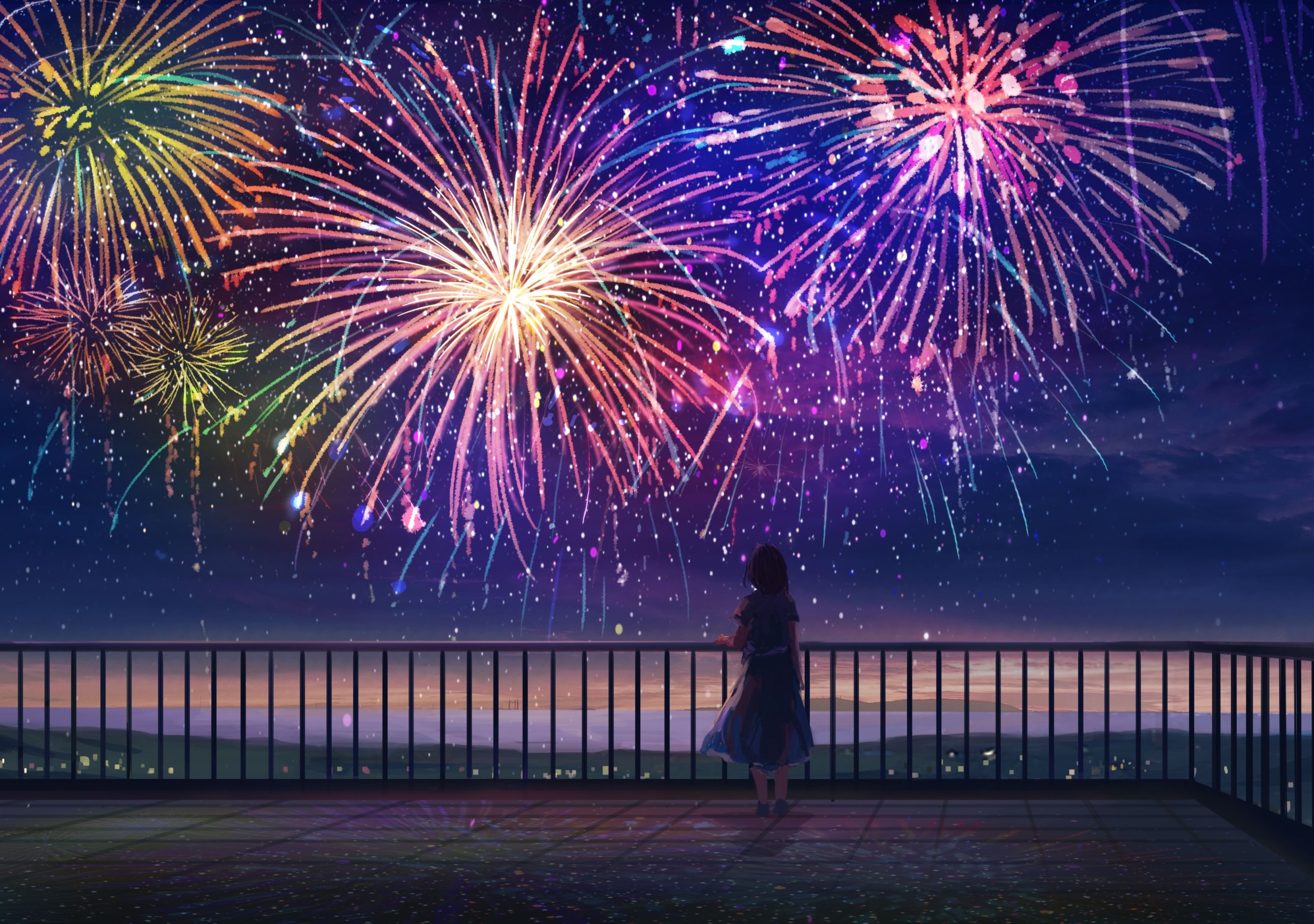 2670x1878 Anime girl Wallpaper 4K, Fireworks, Colorful, Dream, Alone