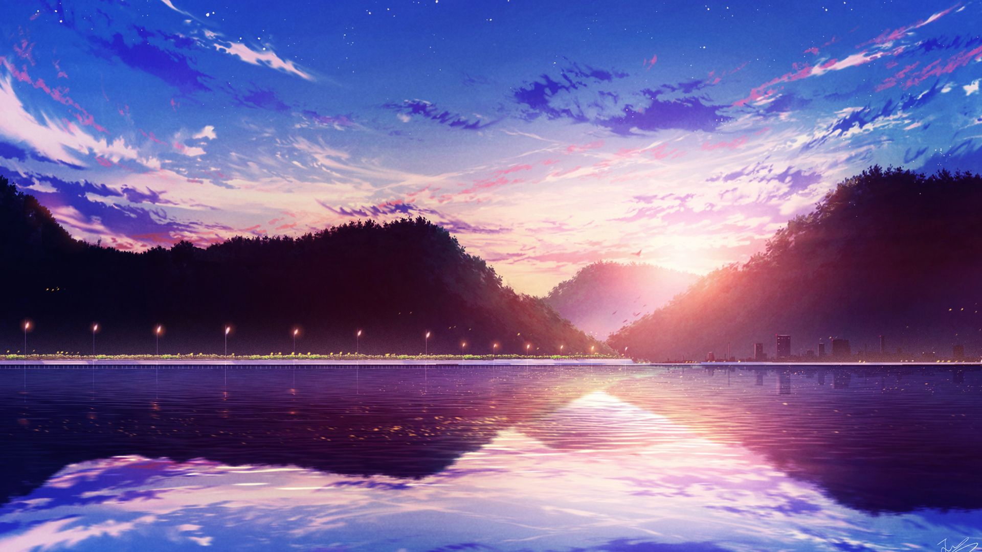 1920x1080 Trees Blue Sky Reflection River Sunset Anime HD Anime Wallpaper