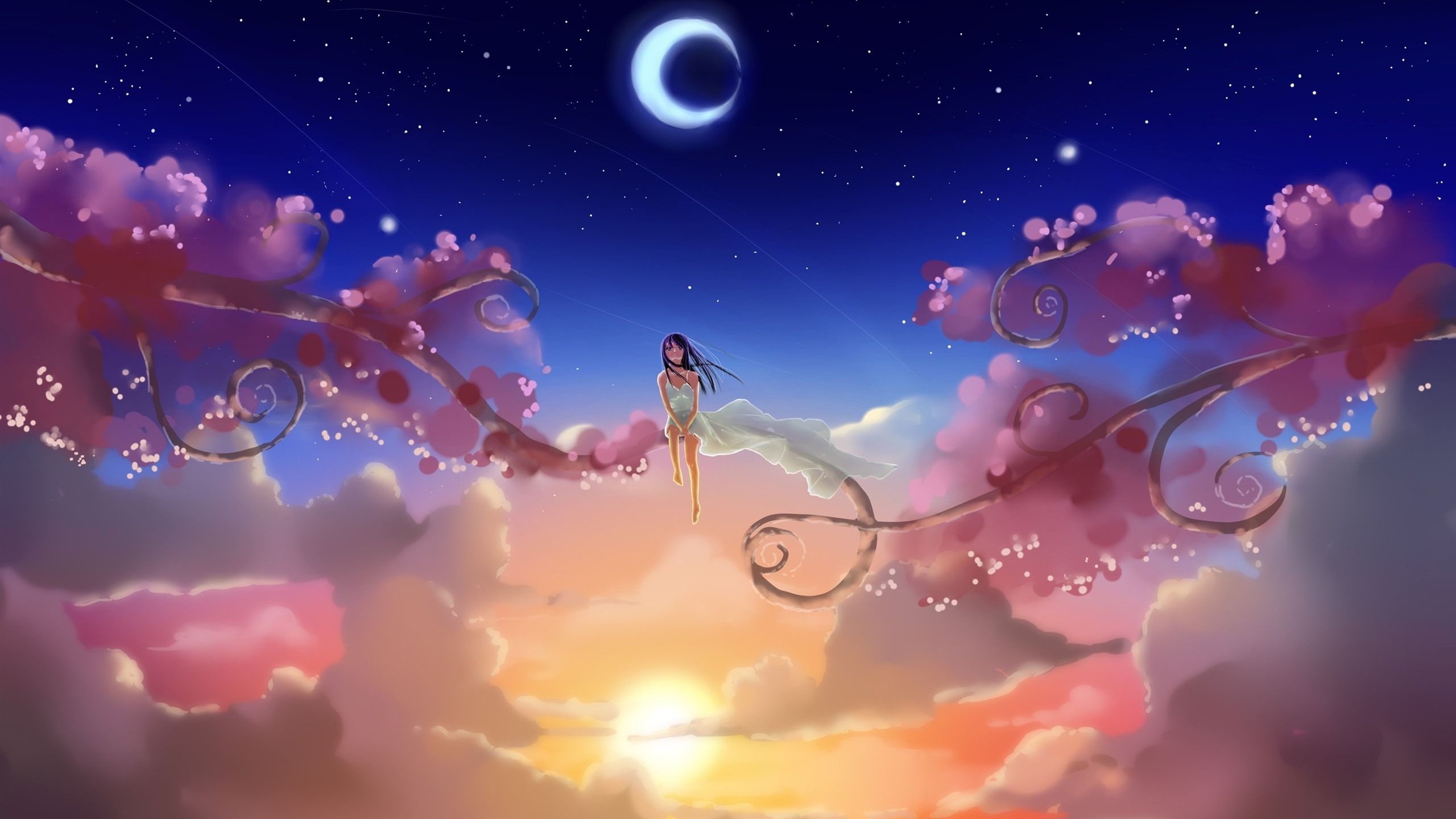 2560x1440 Wallpaper Anime girl, sky, moon, sun, clouds, branches 2880x1800 Picture, Image