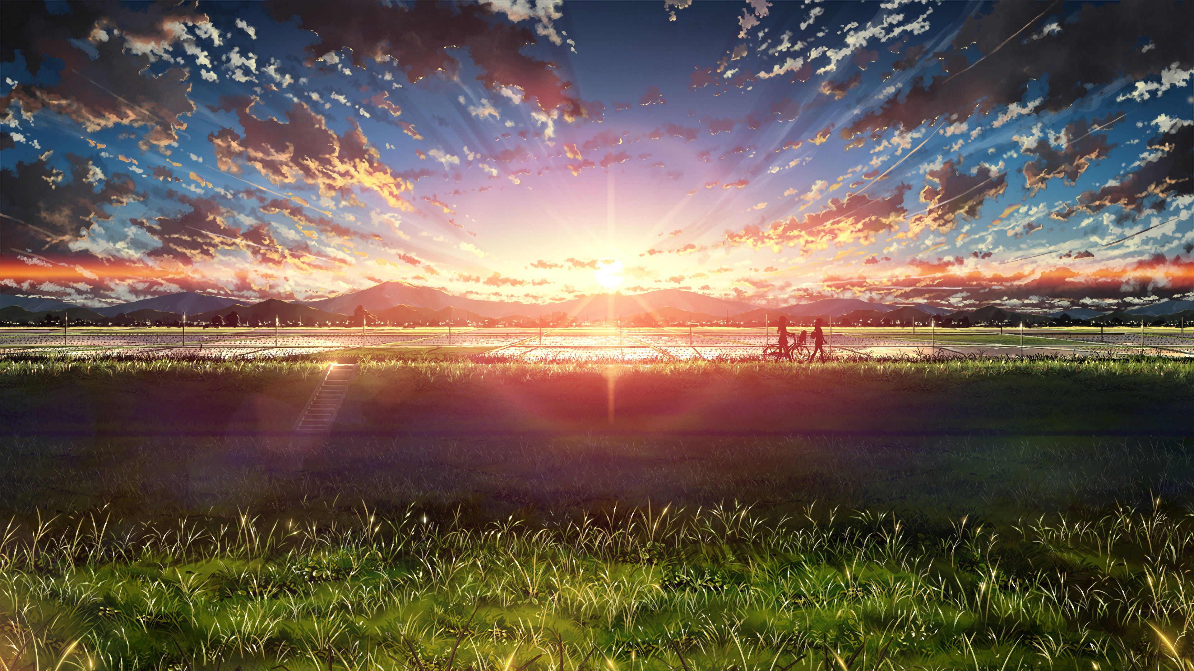 3840x2160 Anime Beautiful Sunrise Landscape Sky Clouds Scenery 4K Wallpaper HD