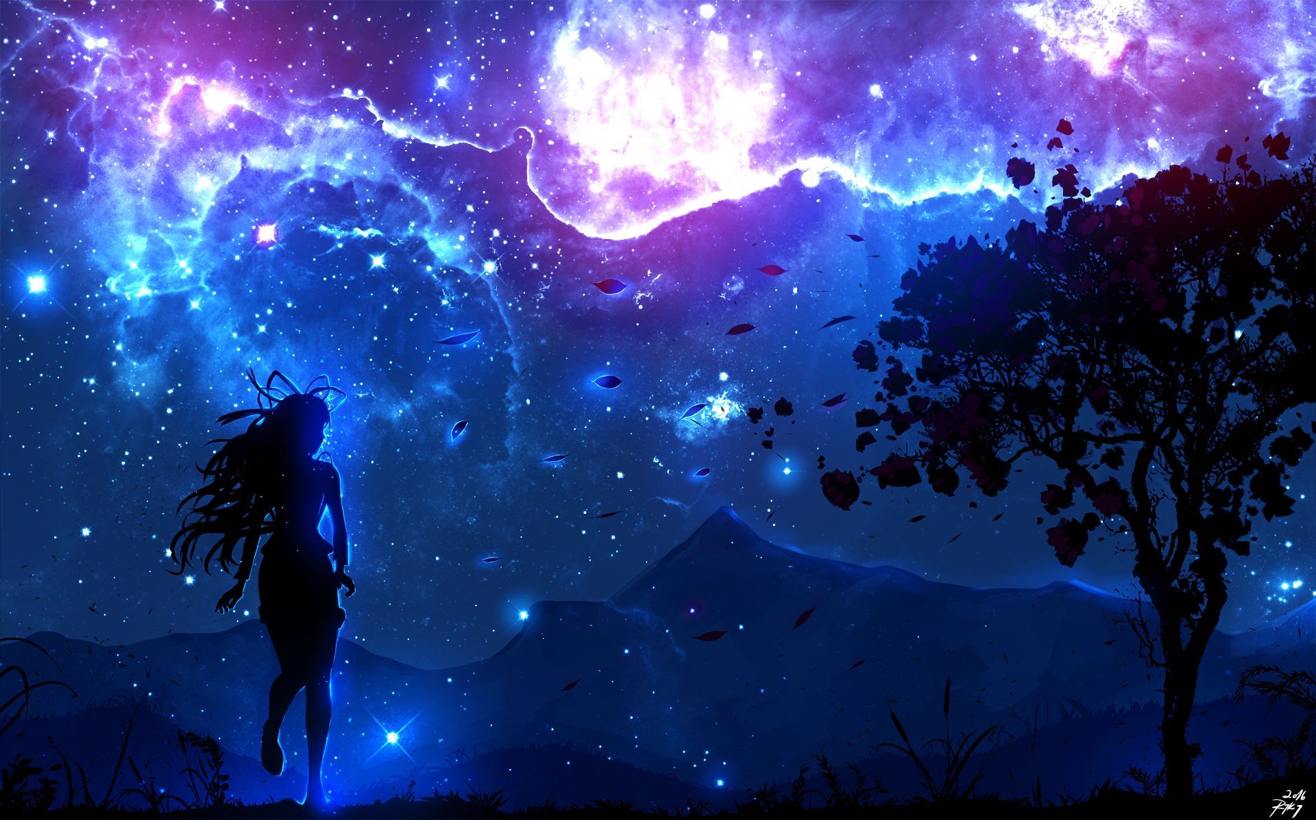 1920x1197 Desktop wallpaper: Stars, Original, Cosmos, Anime, Sky, Tree 4K free download for PC. 766968
