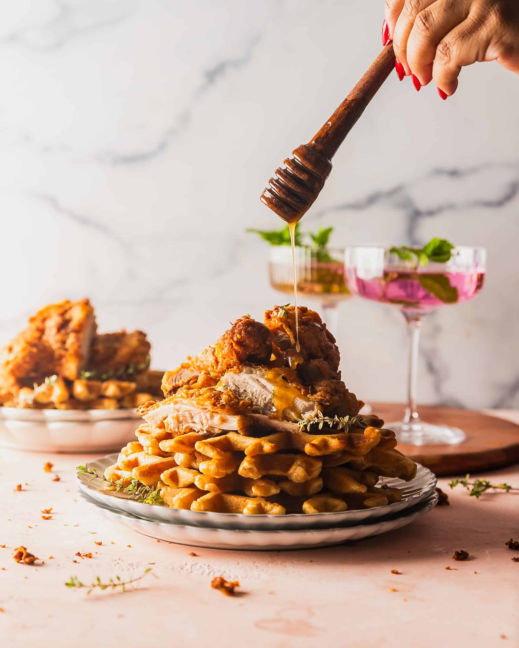 2048x2560 Crispy Southern Fried Chicken and Waffles with Hot Honey Butter. Sweet Tea + Thyme