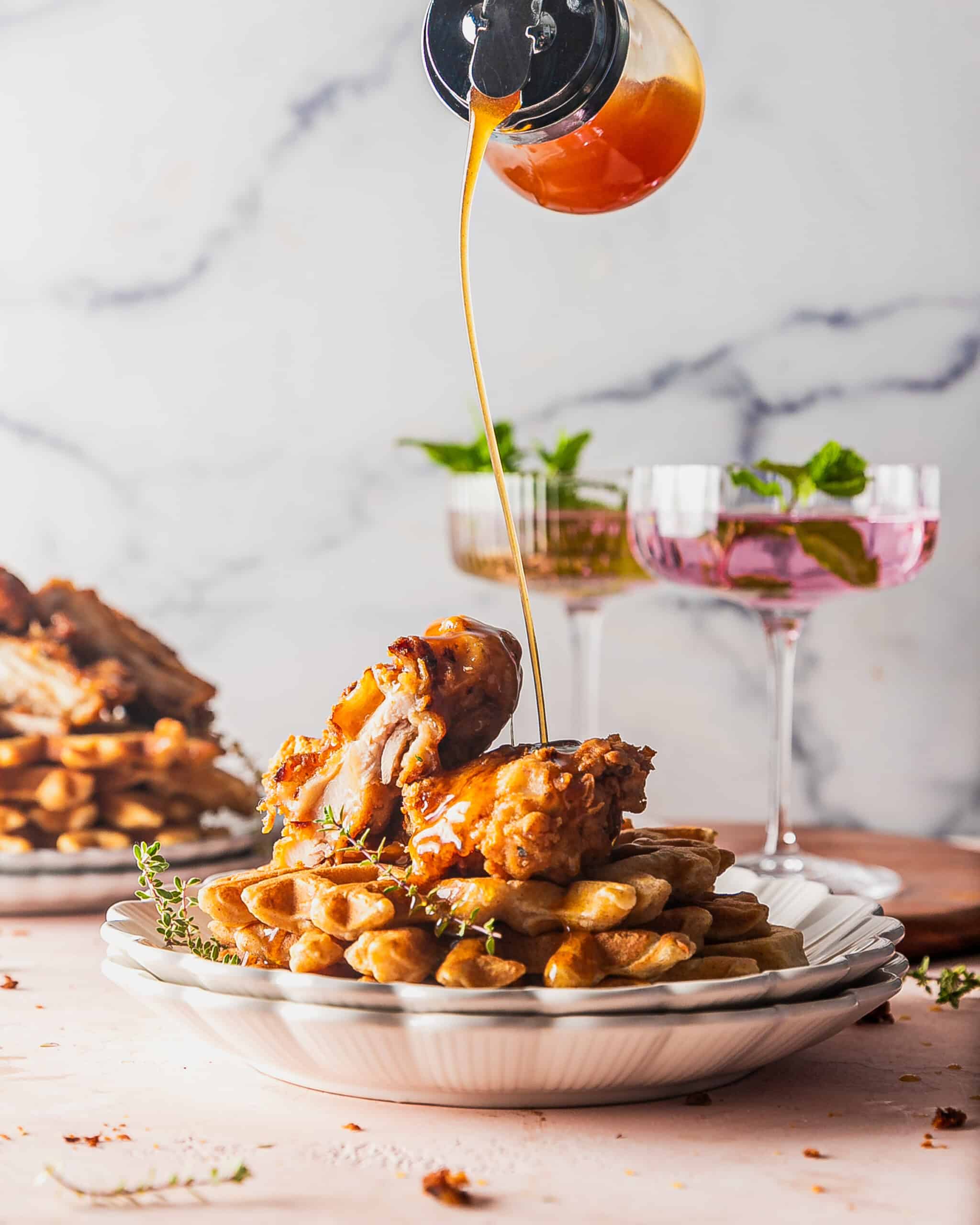 2048x2560 Crispy Southern Fried Chicken and Waffles with Hot Honey Butter. Sweet Tea + Thyme