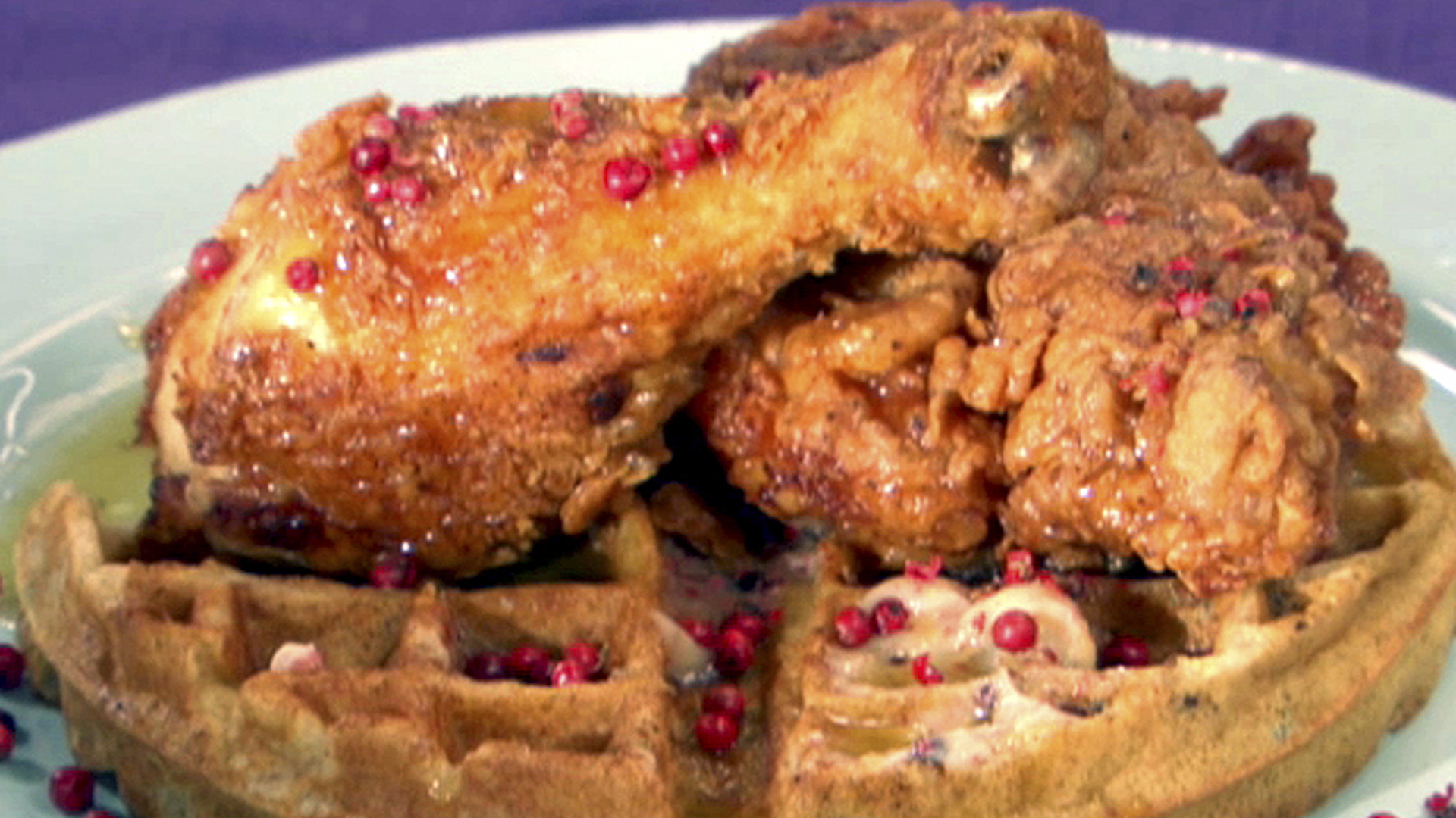 1920x1080 Fried Chicken And Wild Rice Waffles With Pink Peppercorn Butter And Maple Horseradish Syrup