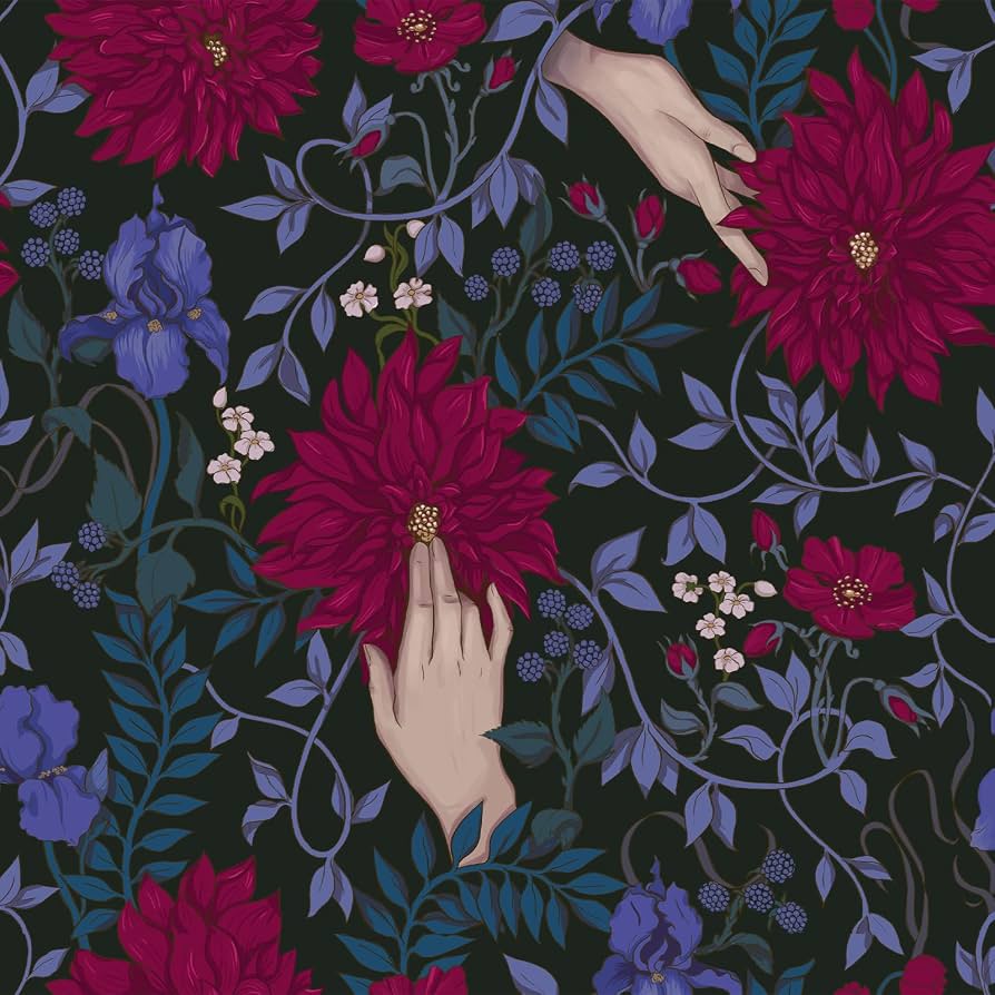 894x894 VEELIKE Dark Moody Gothic Peel and Stick Wallpaper Vintage Red Purple Floral Wallpaper for Bedroom Living Room Accent Walls 17.7''x354'' Self Adhesive Removable Wallpaper Floral Art Mural for Bathroom