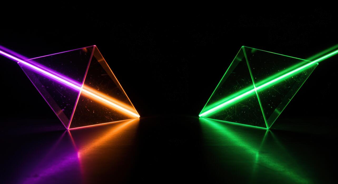 1283x700 Optical light refraction experiment with prisms on dark background