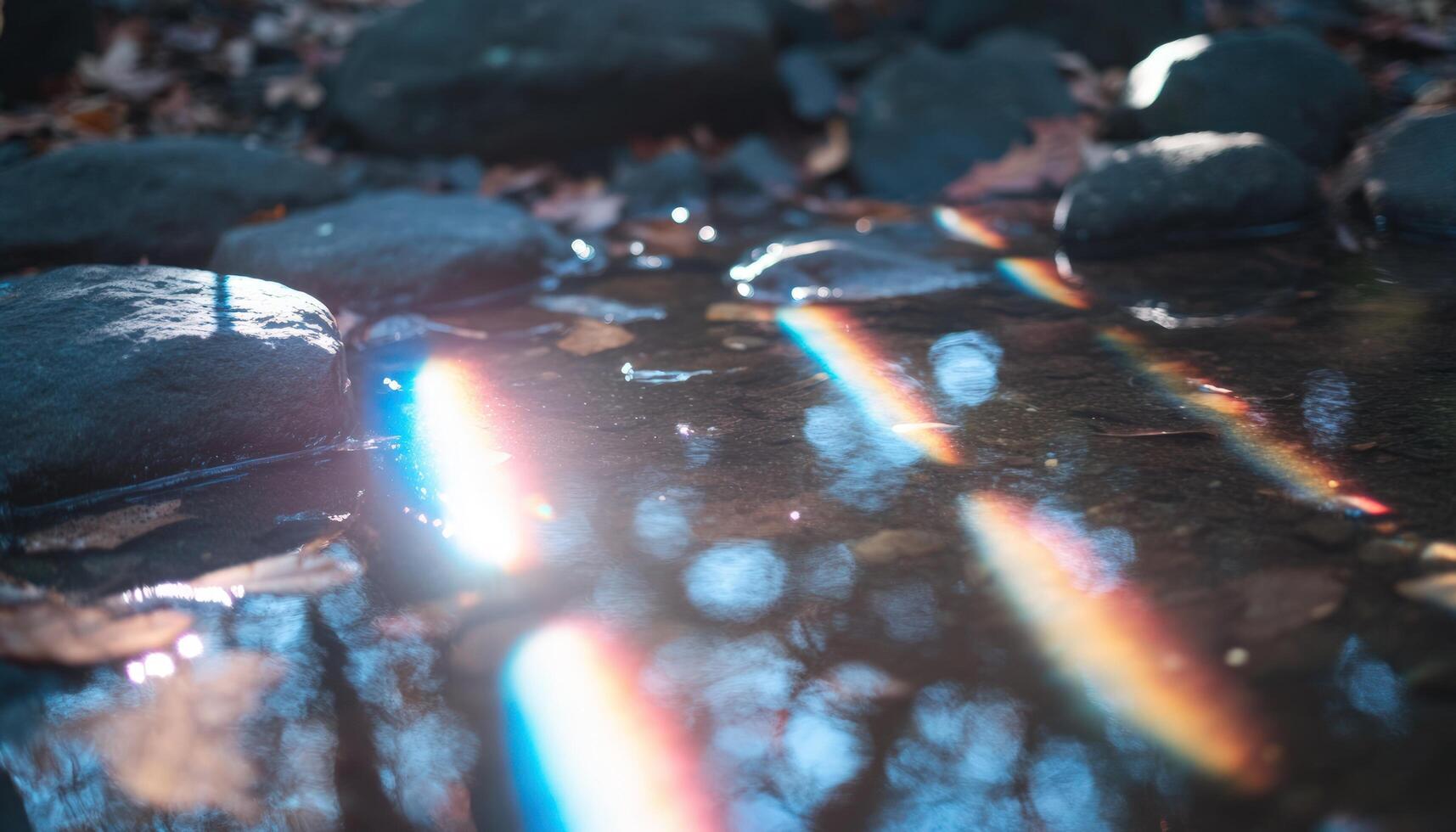 1715x980 Refraction of light through water over rocks creates rainbow streaks and bokeh