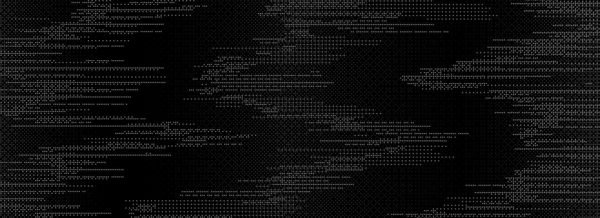 1920x698 TV static noise background. Glitch pixelated texture. Damage, error, distorted VHS screen overlay. Black and white grunge random television interference. Digital pixel effect wallpaper