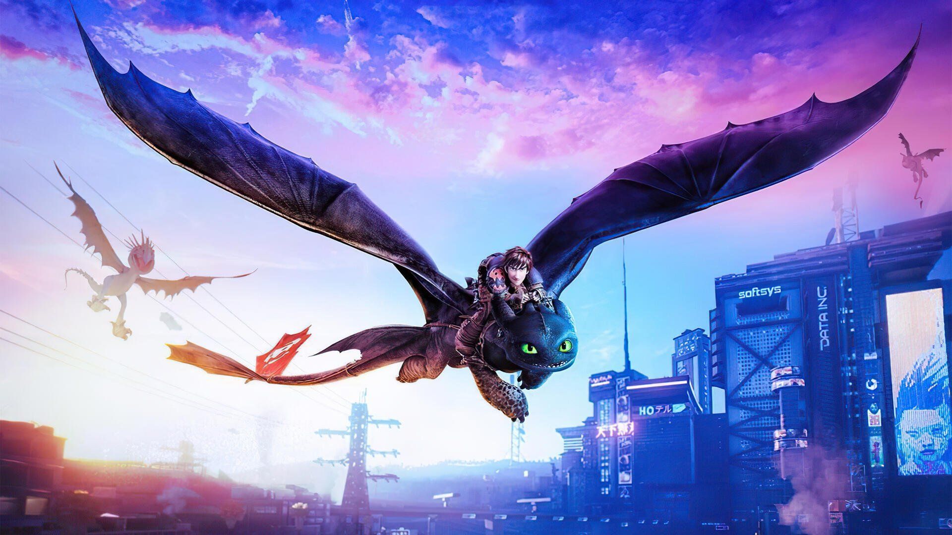 1920x1080 Toothless: Neon Sky 4K. Night Fury Skyline