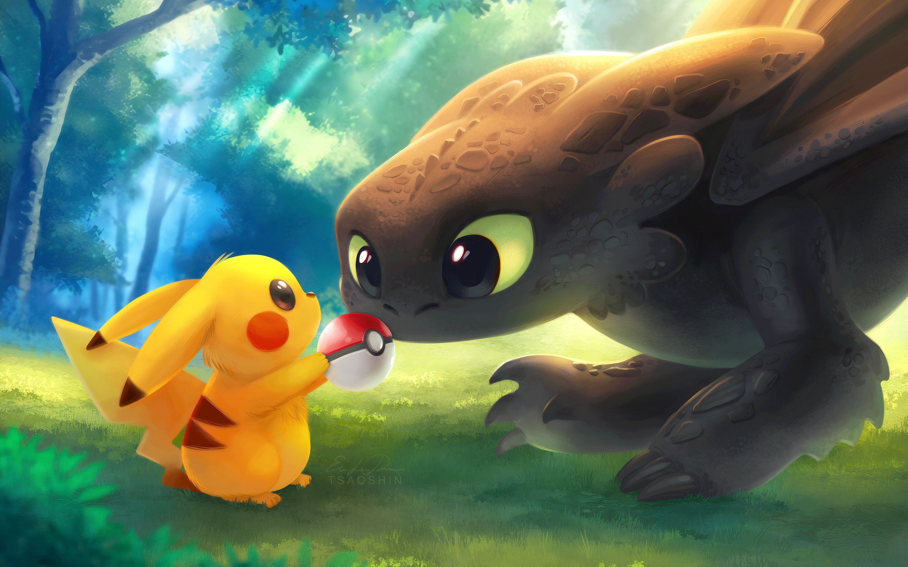 3840x2400 Pikachu with Toothless, Night Fury Wallpaper 4K for Desktop
