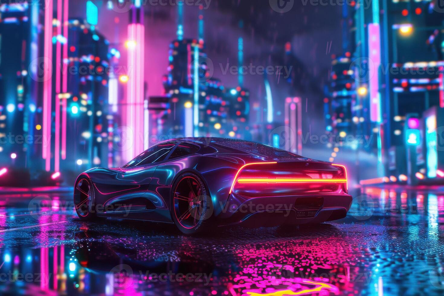 1470x980 A futuristic sports car in the rain with neon lights