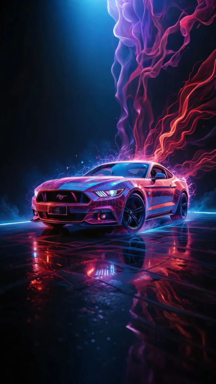 736x1308 A Mustang car with a neon light on it is in the dark