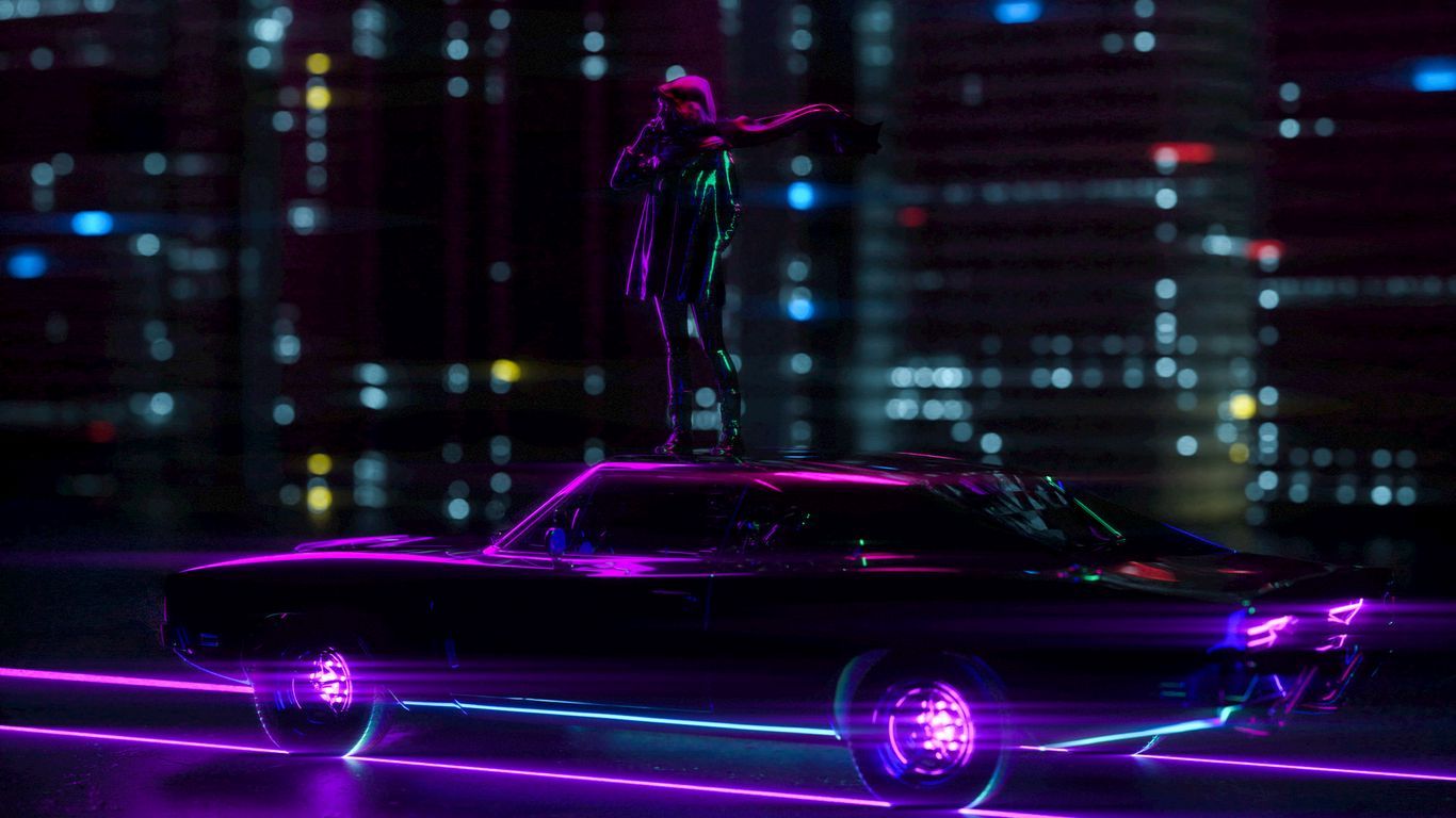 1366x768 Download wallpaper 1366x768 car, neon, movement, silhouette, art tablet, laptop HD background