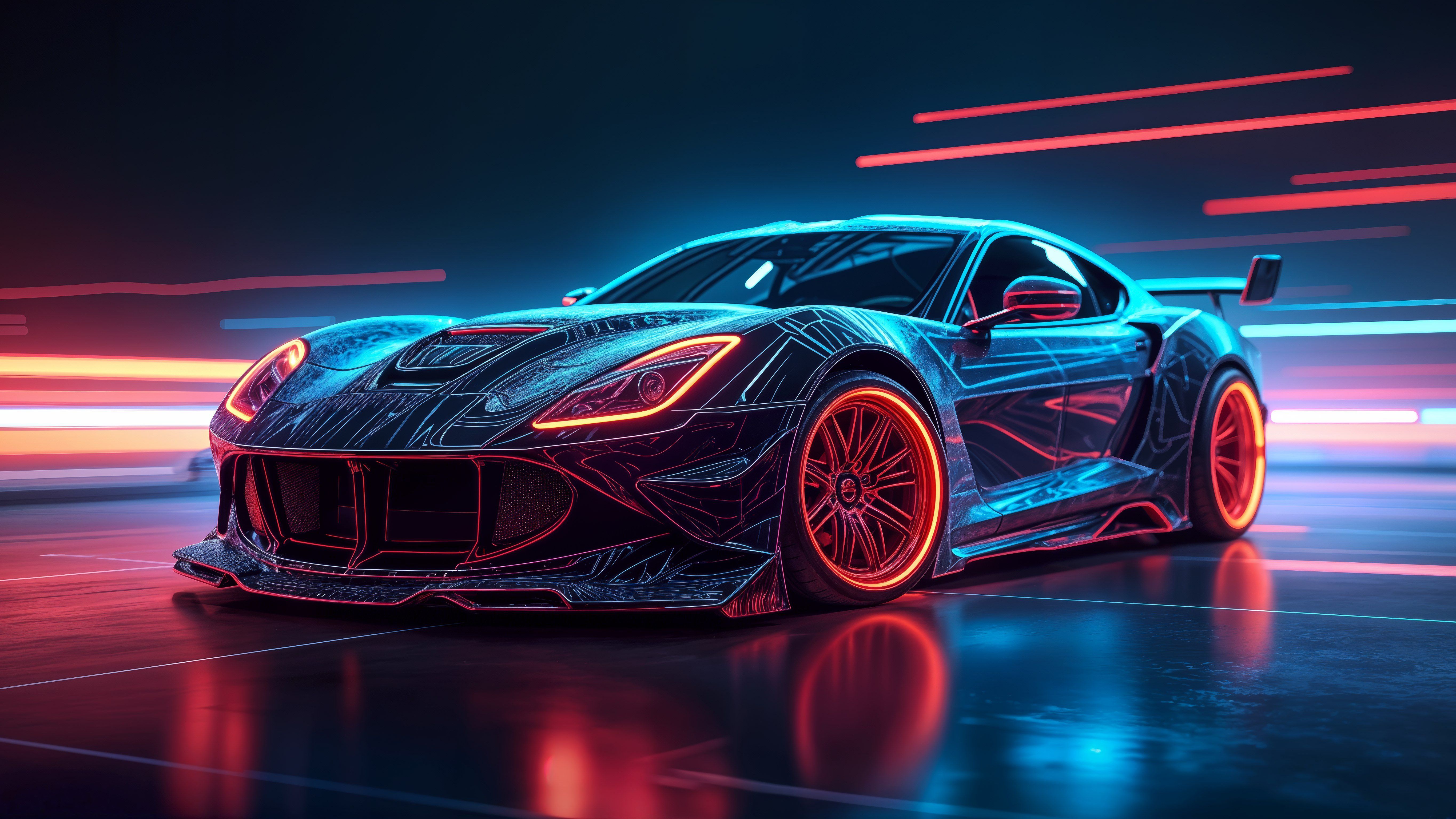 5458x3070 Sports car outlined with neon lights Wallpaper 4K for Desktop