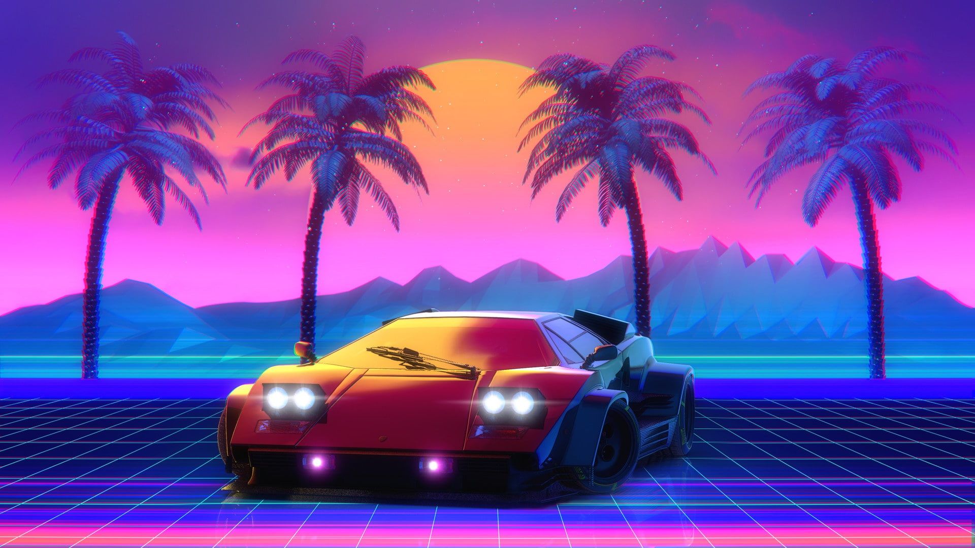 1920x1080 Lamborghini With Neon Lights With Background Of Trees Mountain And Sky With Moon And Stars HD Vaporwave Wallpaper