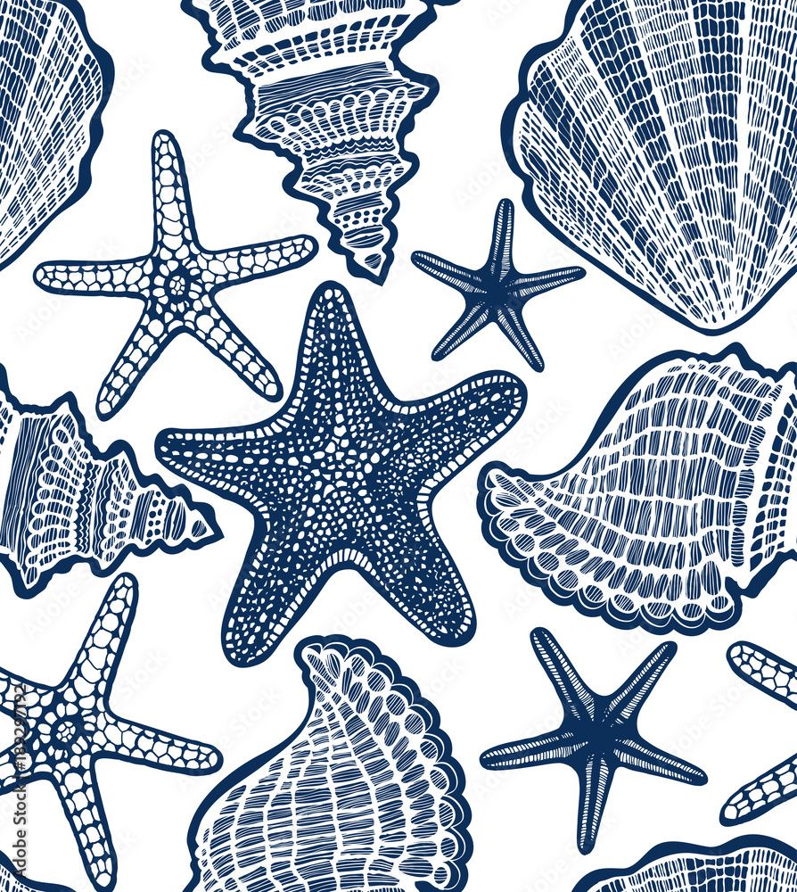 894x1000 Navy Blue Shell and Starfish Seamless Pattern. Graphic Sea Background in Hand Drawn Style for Surface Design Banner Web. Vector Illustration Stock Vector
