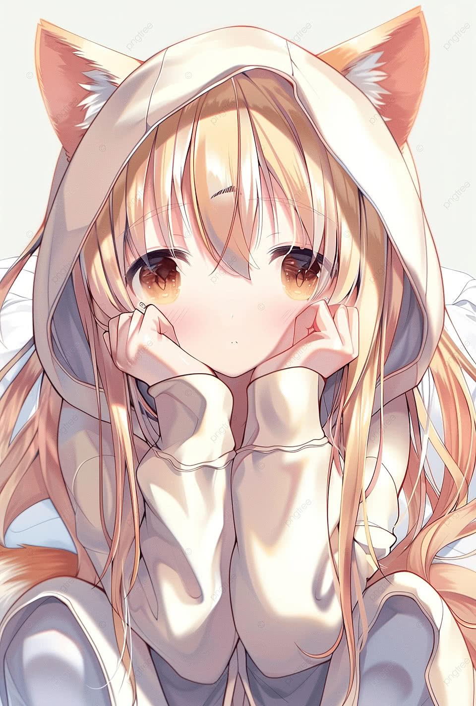 960x1423 Anime Girl With Cat Ears Hoodie Golden Hair Brown Eyes Background Wallpaper Image For Free Download