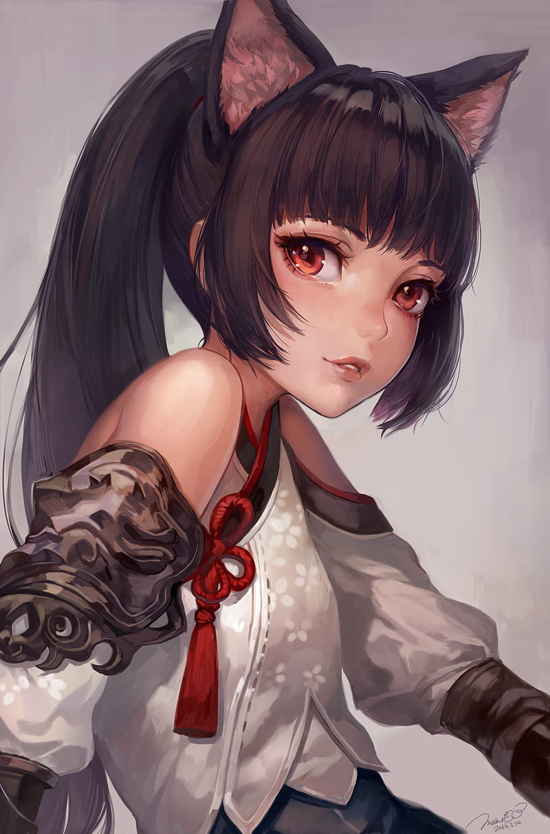 800x1212 Anime, anime girls, cat ears, looking at viewer, animal ears, cat girl, brunette, HD phone wallpaper