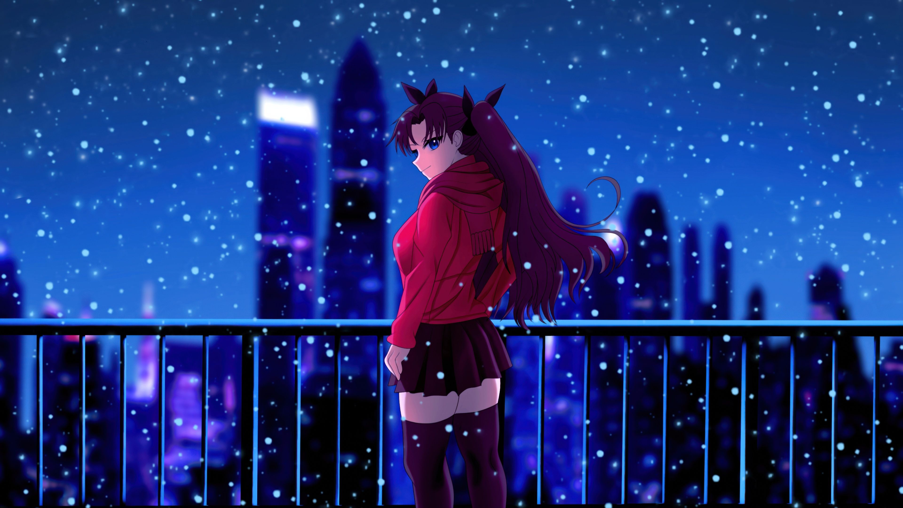 3840x2160 Winter Anime Girl Snowy Night City Scene 4K , HD 4k Wallpaper , Image, Background, Photos and Picture