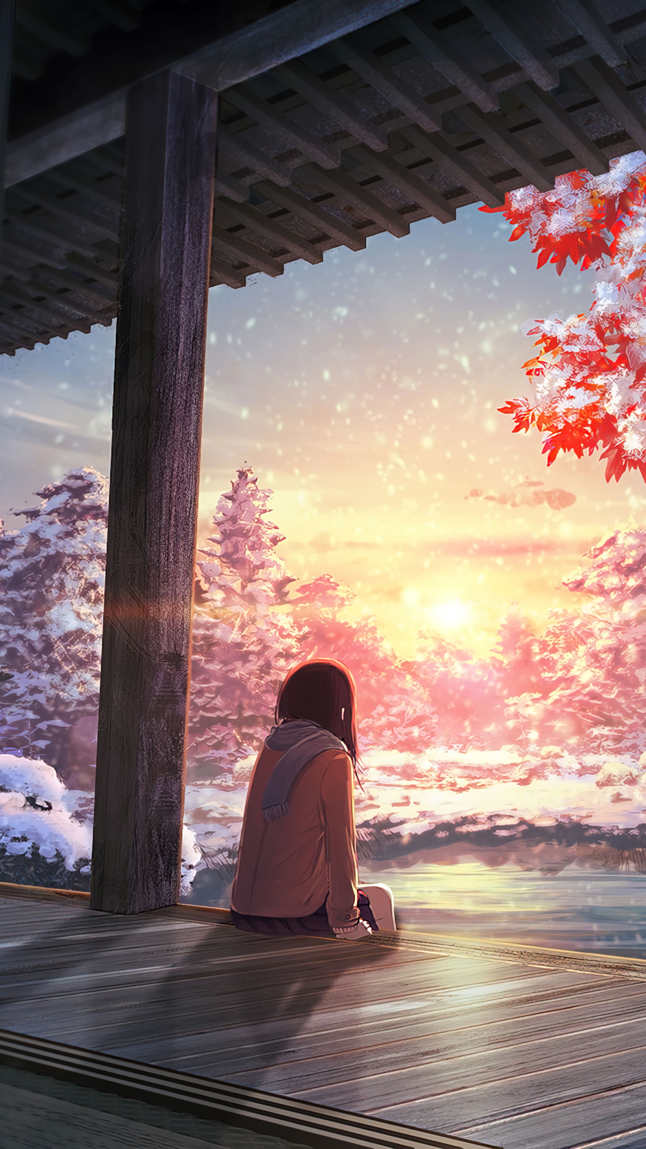 2160x3840 Winter Autumn Anime Girl Sunset Wallpaper iPhone Phone 4K e