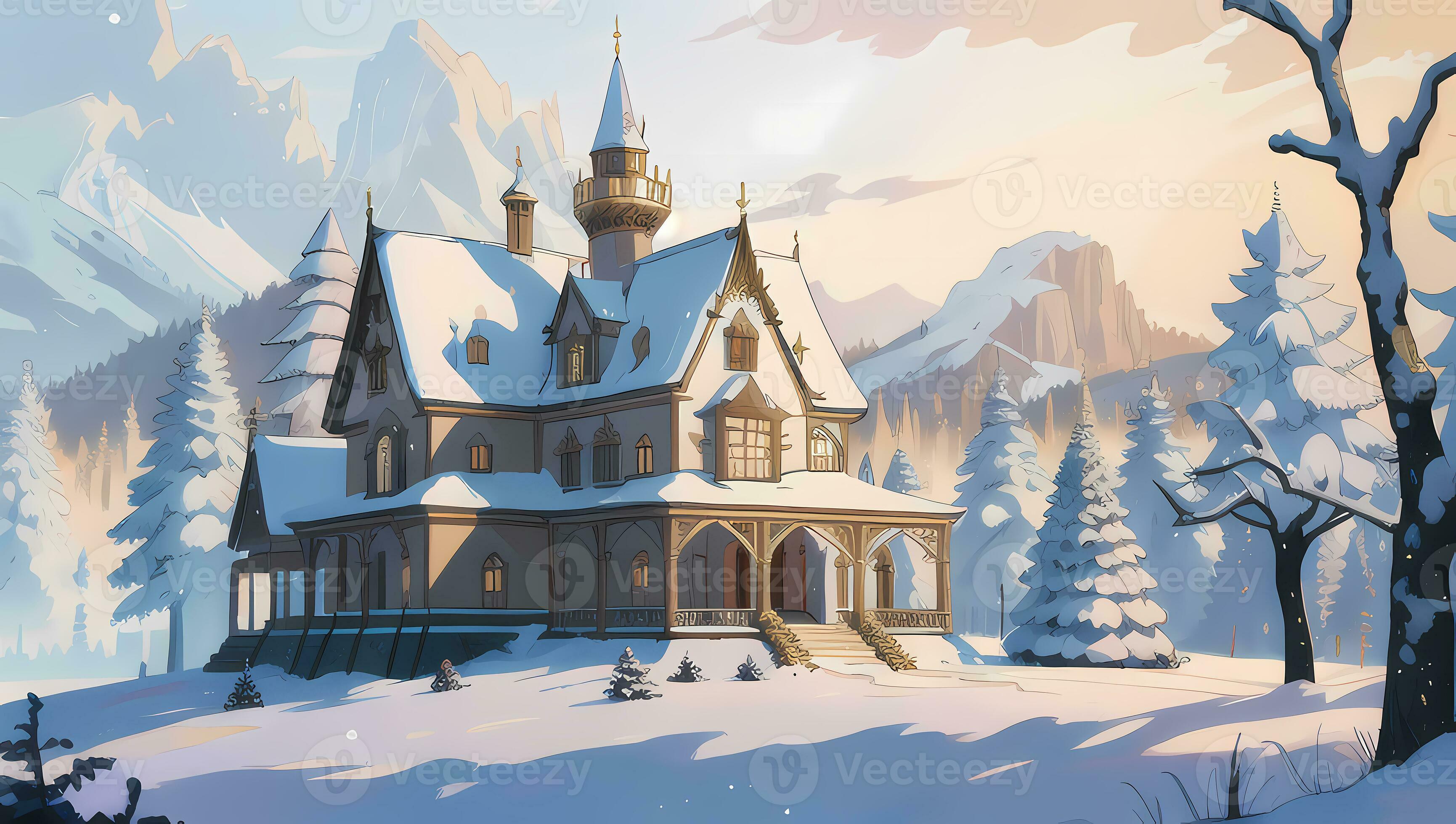 3461x1960 Mansion or Castle During Winter Scene for Visual Novel Anime Manga Background Wallpaper