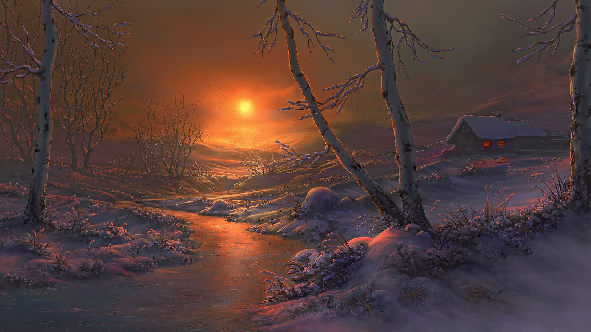 1920x1080 Anime Artistic Nature Sunset Snow Reflection HD Anime Wallpaper