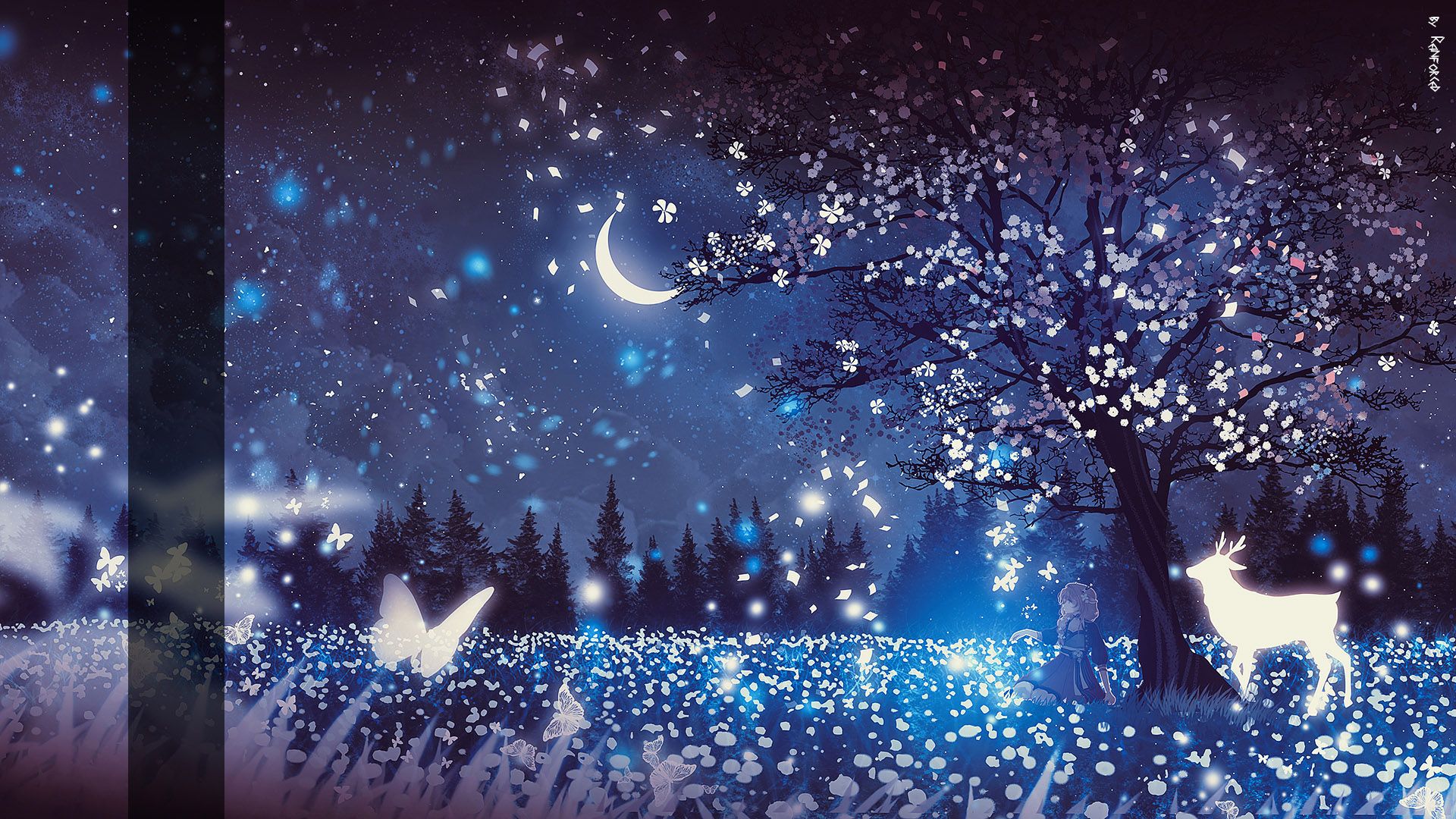 1920x1080 Deer Butterflies Sky Nature Anime Night HD Anime Wallpaper