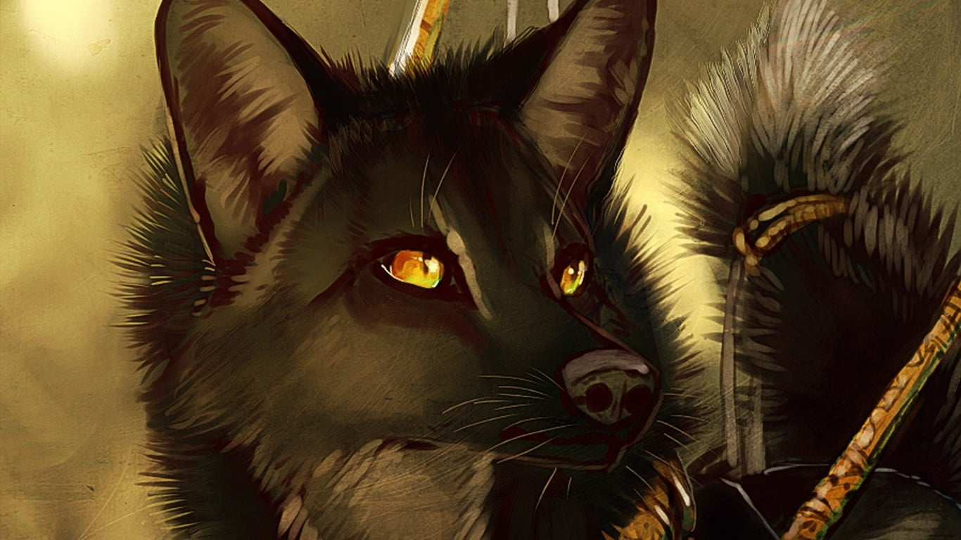 1366x768 Black fox illustration, furry, wolf HD wallpaper