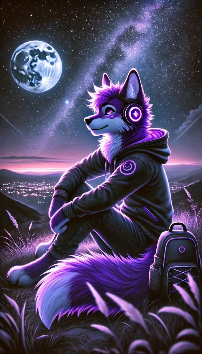 686x1200 Purple fox at night, far from the city, sits on a hill and listens to music