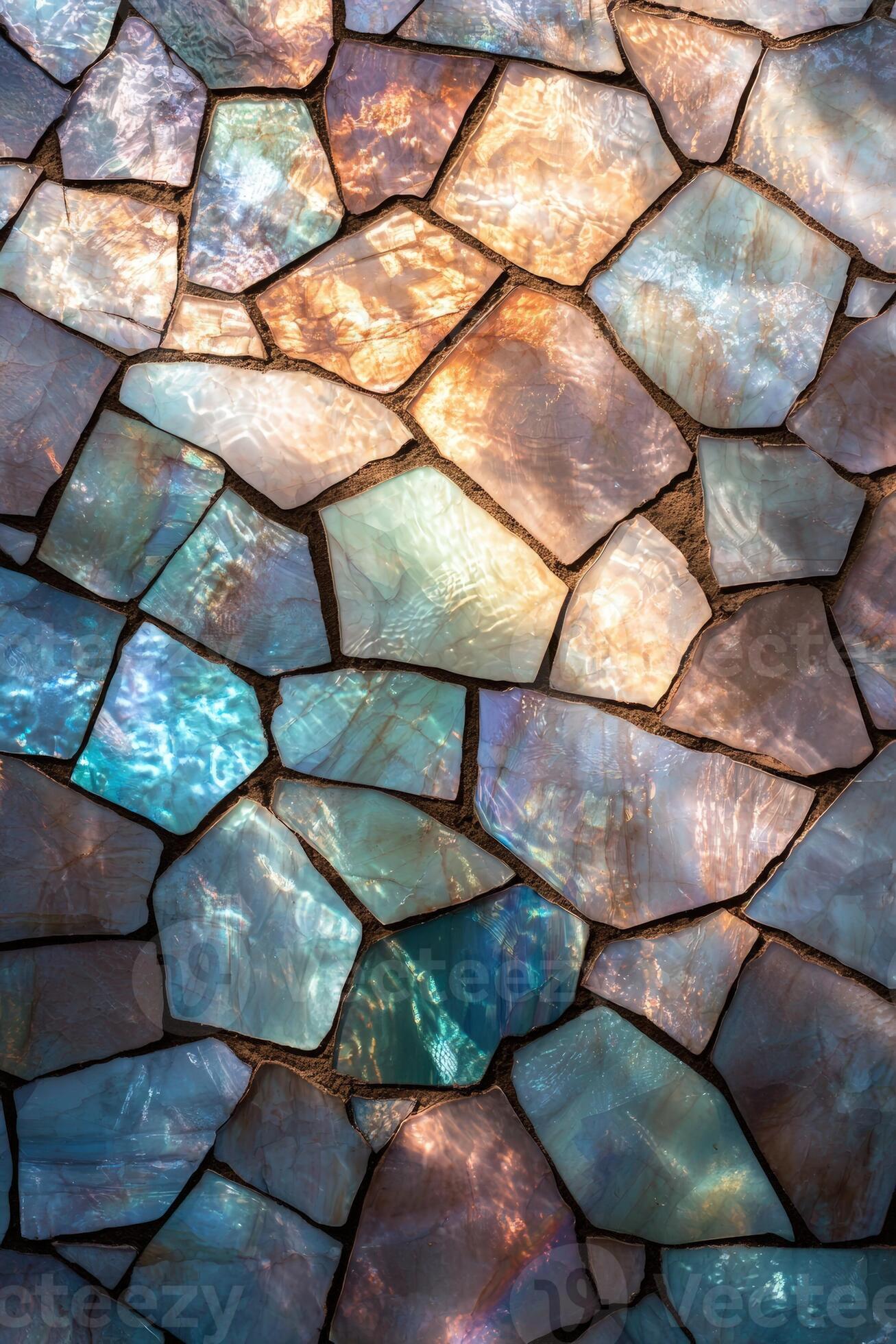 1307x1960 Iridescent abalone shell mosaic tile background with earthy grout
