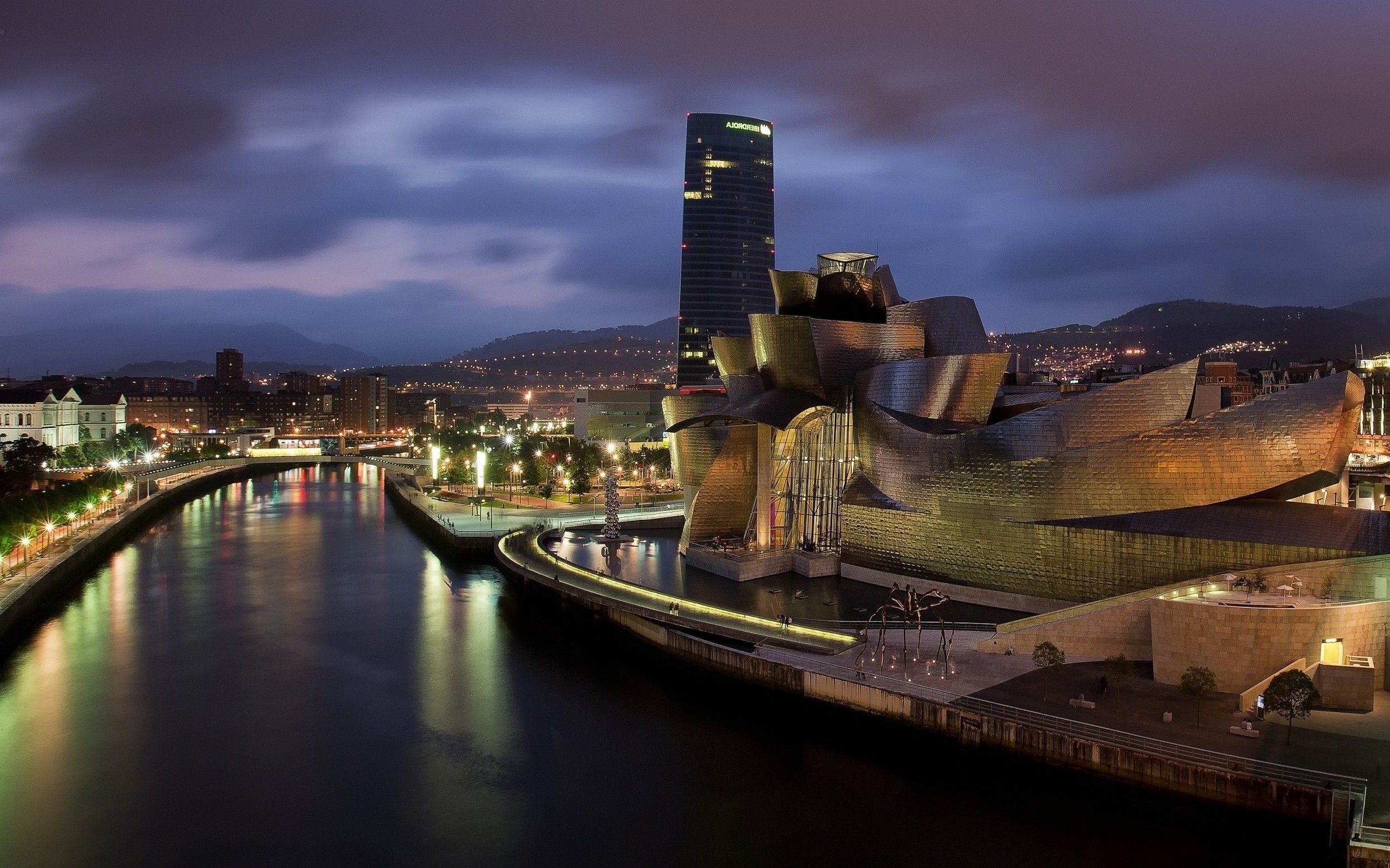 2500x1563 nature, Landscape, Bilbao, Spain, Museum, Skyscraper, Architecture, River, Hill, Lights, Night, Guggenheim, Frank Gehry Wallpaper HD / Desktop and Mobile Background
