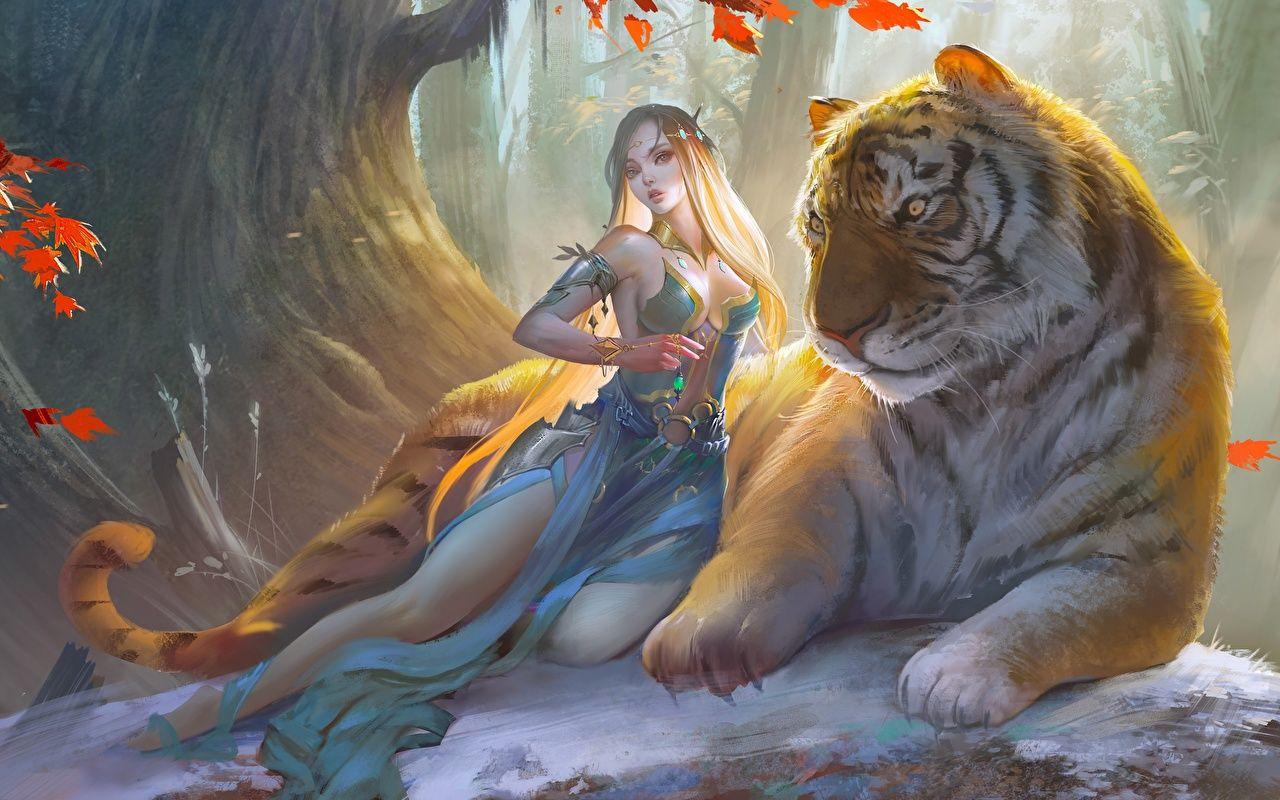 1280x800 Photo tiger Elves Beautiful child Fantasy Magical animals