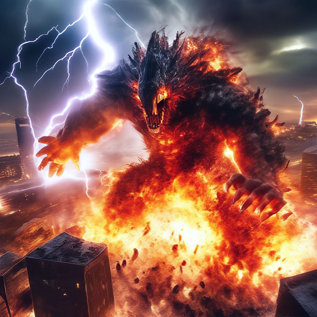 1024x1024 Electric monster, fire monster, destroyed city, lightning, fire, fiery