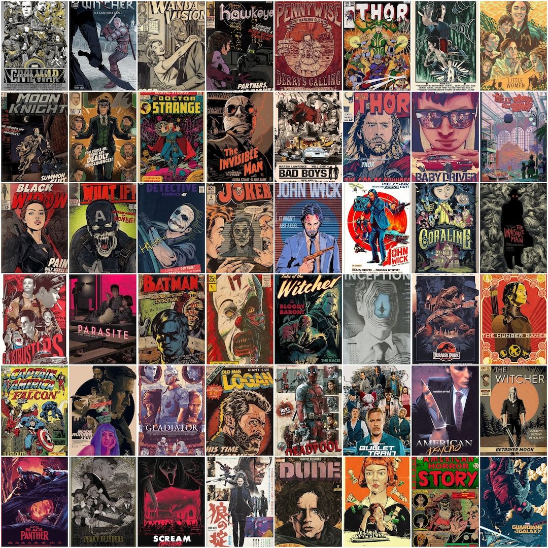 1080x1080 Retro Movie Poster Collage Kit, Aesthetic Wall Decor (48 Digital Download)